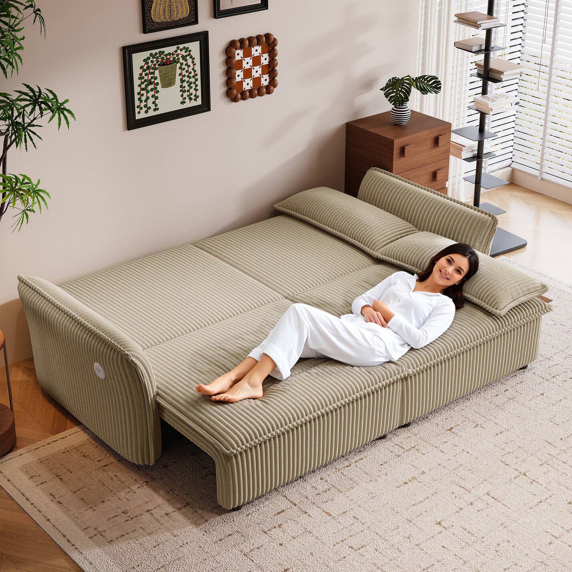 Left. LUCKY ONE - 85" 2-in-1 Convertible Sleeper Sofa Bed with Storage Ottoman, Hidden Storage, USB Charging Ports, 2 Pillows - Camel.