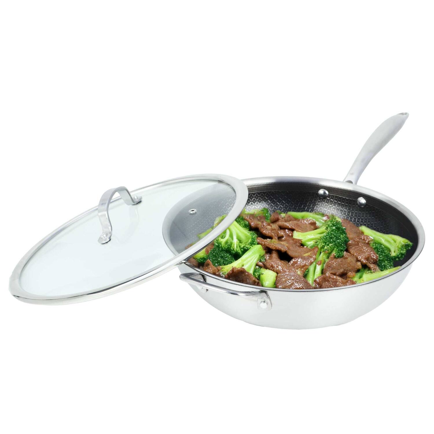 Angle. Brentwood - Brentwood B-wh30l 12-in. 4.2-qt. 3-ply Hybrid Non-stick Stainless Steel Wok With Glass Lid - silver.