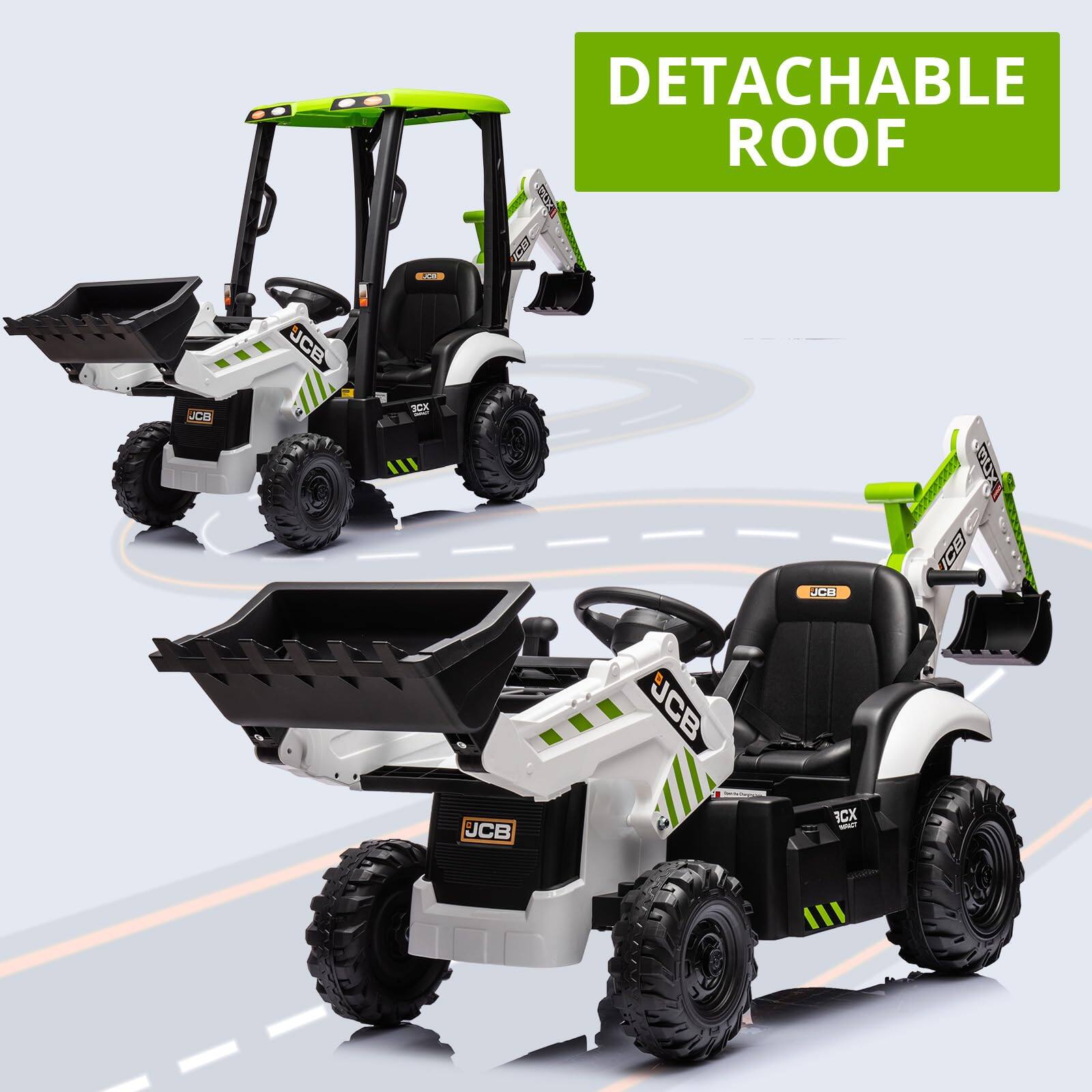 GARVEE - 4-in-1 Kids Ride-on Excavator & Bulldozer, 12V Electric Construction Vehicle with Remote Control, Front Loader - White