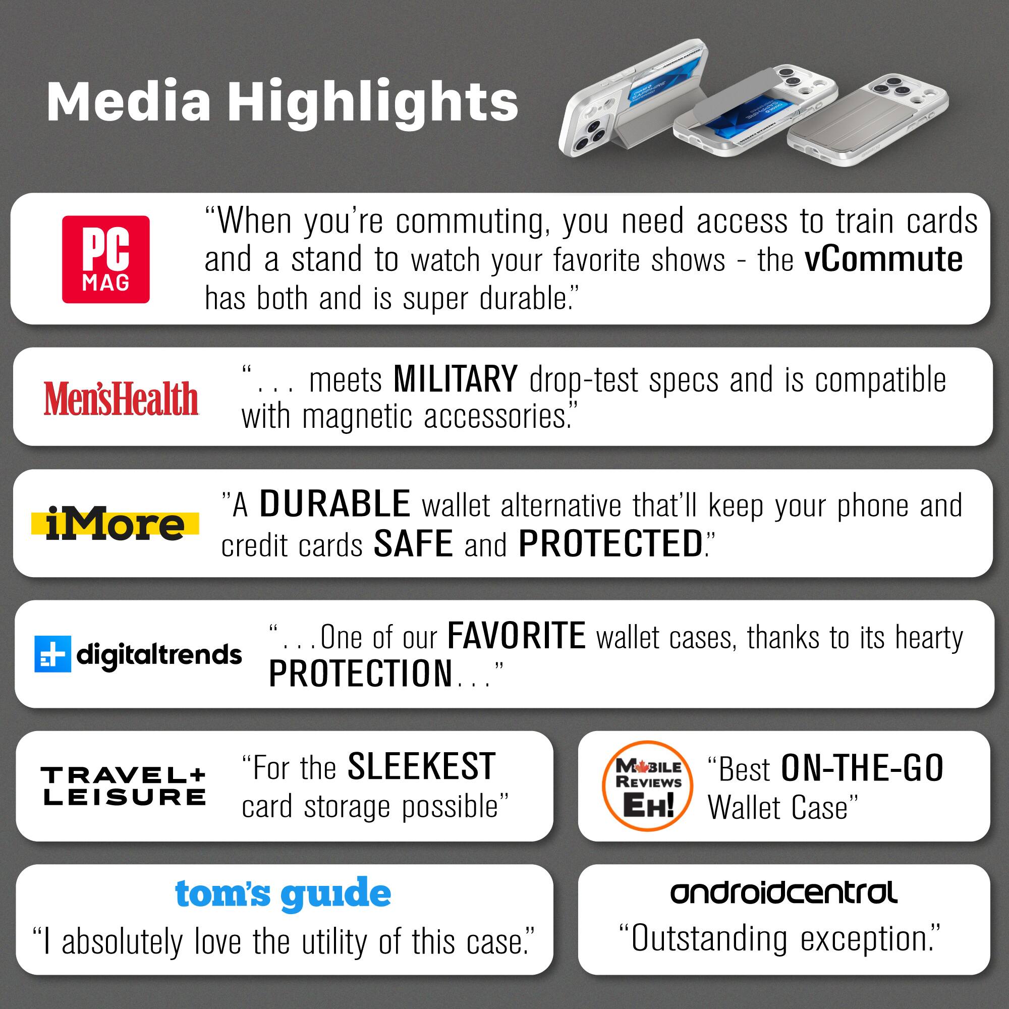 Media Highlights

PC MAG
"When you're commuting, you need access to train cards and a stand to watch your favorite shows - the vCommute has both and is super durable."

Men'sHealth
"... meets MILITARY drop-test specs and is compatible with magnetic accessories."

iMore
"A DURABLE wallet alternative that'll keep your phone and credit cards SAFE and PROTECTED."

digitaltrends
"... One of our FAVORITE wallet cases, thanks to its hearty PROTECTION ..."

TRAVEL+ LEISURE
"For the SLEEKEST LEISURE card storage possible"

MOBILE REVIEWS EH!
"Best ON-THE-GO Wallet Case"

tom's guide
"I absolutely love the utility of this case."

androidcentral
"Outstanding exception."