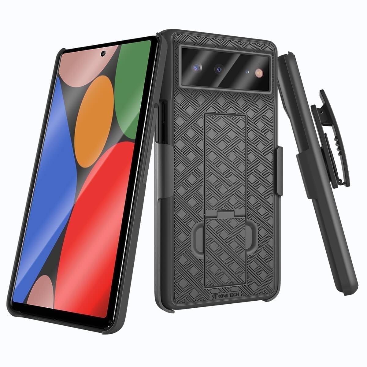 Front. RomeTech - Shell Holster Combo Case for Google Pixel 6a - Black - Black.