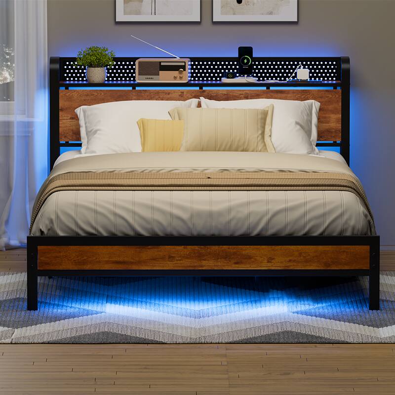 Angle. Furnulem - Queen Bed Frame with Charging Station and LED Lights - Brown.