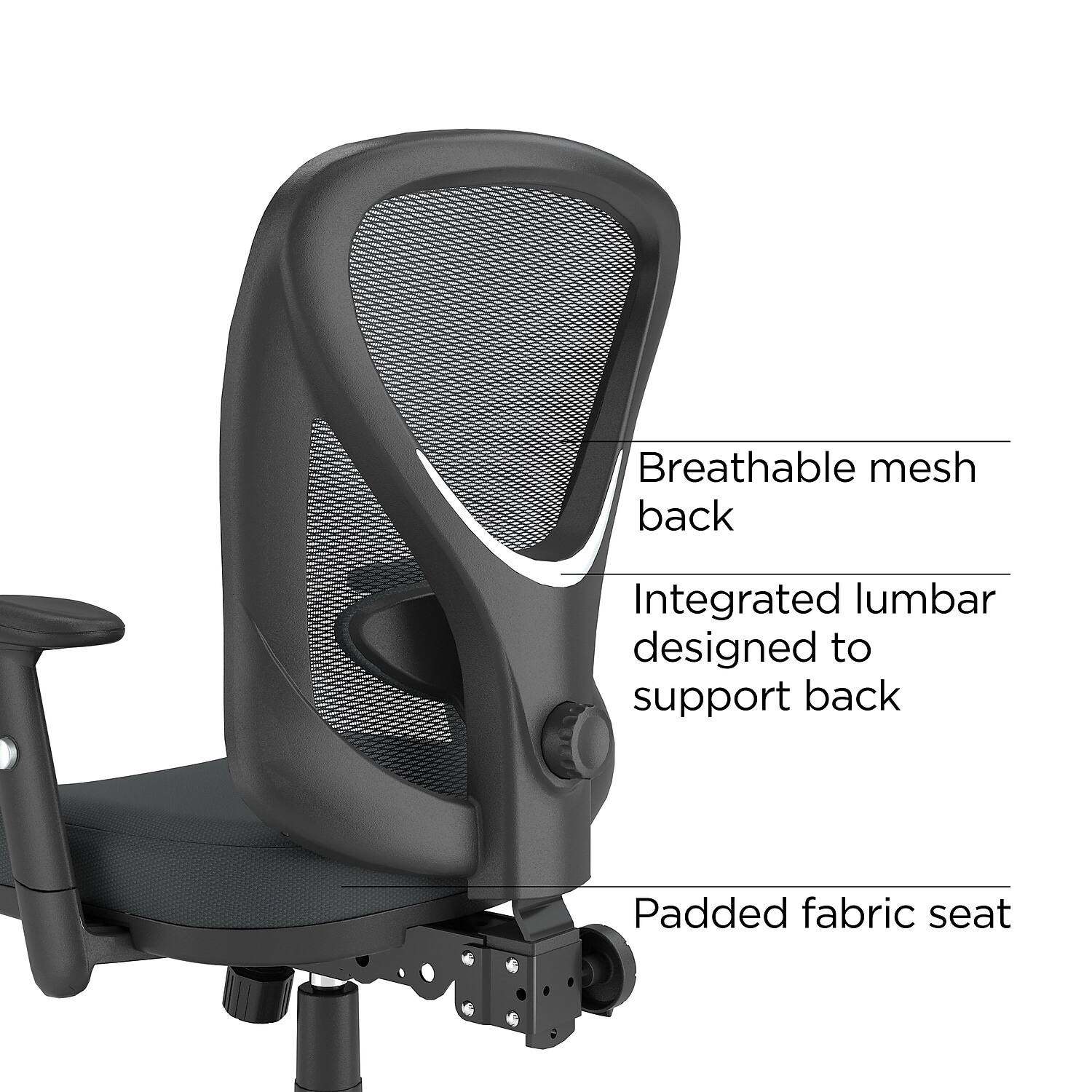 - Breathable mesh back
- Integrated lumbar designed to support back
- Padded fabric seat