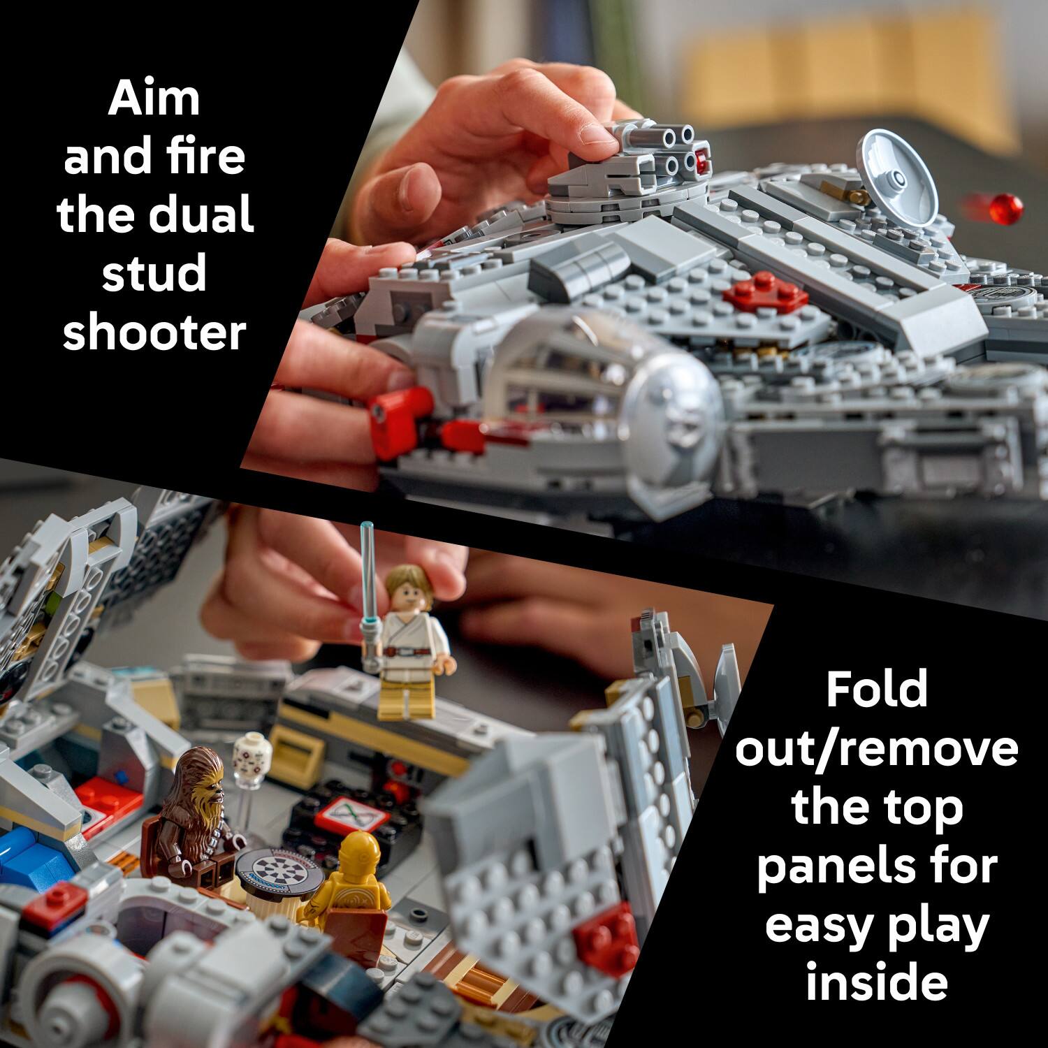Aim and fire the dual stud shooter

Fold out/remove the top panels for easy play inside