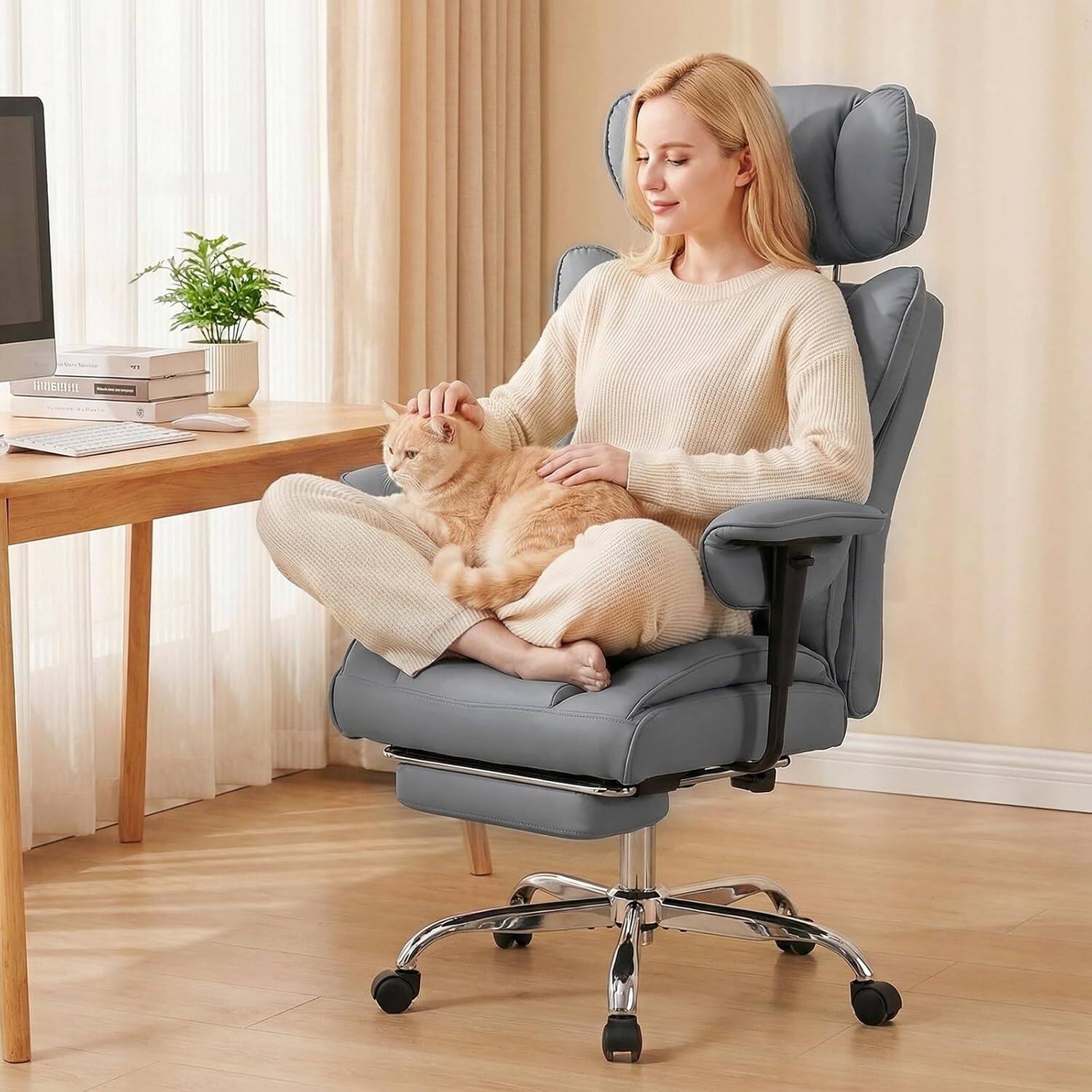 Left. Sweet - High Back Executive Office Chair with Footrest and Adjustable Armrests , Big and Tall PU Leather Gaming Chair, Gray - Gray.