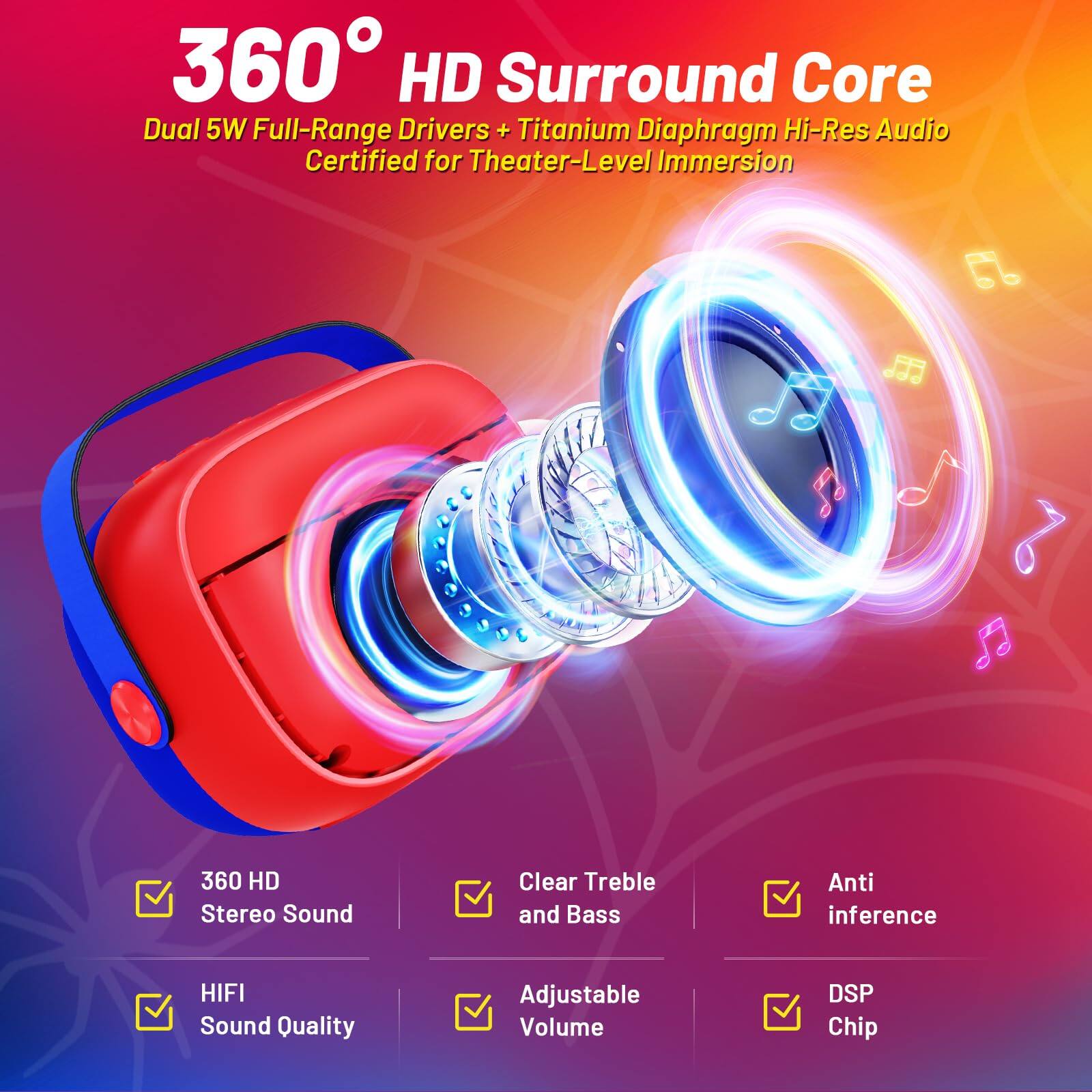 360° HD Surround Core

Dual 5W Full-Range Drivers + Titanium Diaphragm Hi-Res Audio
Certified for Theater-Level Immersion

- 360 HD Stereo Sound
- Clear Treble and Bass
- Anti Interference
- HIFI Sound Quality
- Adjustable Volume
- DSP Chip