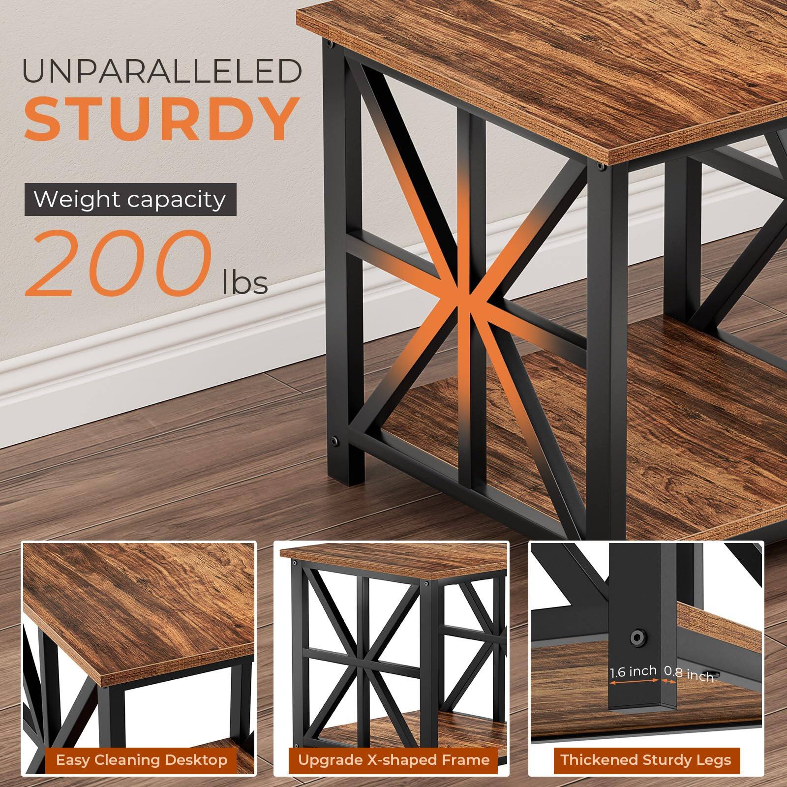 UNPARALLELED STURDY  
Weight capacity 200 lbs  

Easy Cleaning Desktop  
Upgrade X-shaped Frame  
Thickened Sturdy Legs  
1.6 inch 0.8 inch