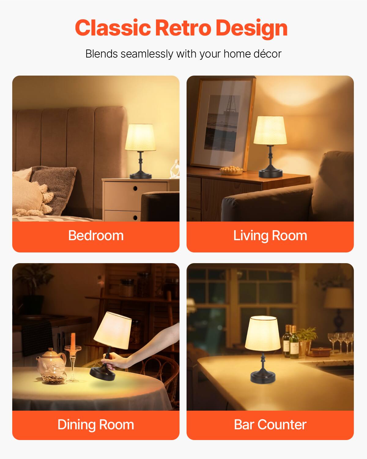 Classic Retro Design  
Blends seamlessly with your home décor  

Bedroom  
Living Room  
Dining Room  
Bar Counter