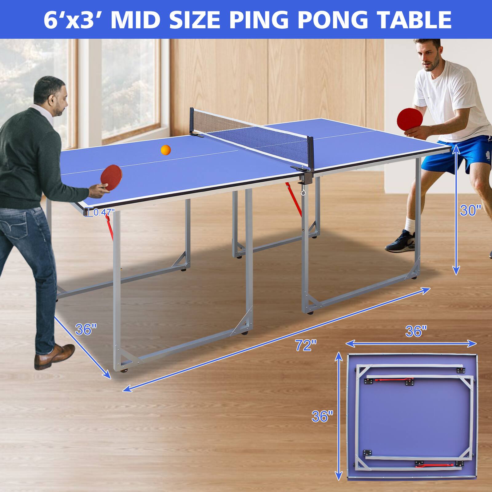 6'x3' MID SIZE PING PONG TABLE

0.47"  
30"  
36"  
72"  
36"  
36"