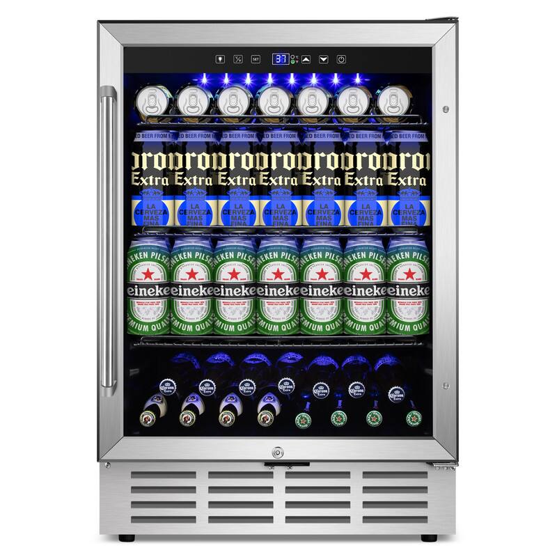 HOOURE - 23.4 in. Single Zone 180-Cans Beverage Cooler With 3 Removable Shelves, Built-in Blue Light - Stainless Steel