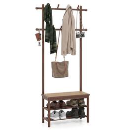 Costway - Bamboo Coat Rack with Bench Shoe Storage 2 Hanging Rods 11 Hanging Hooks Shelves - Brown