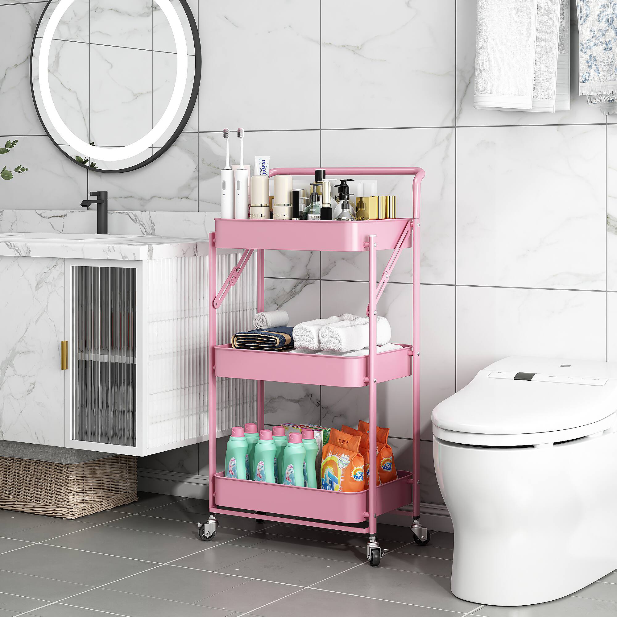 Back. Malletson - 3-Tier Foldable Rolling Cart, Storage Rack with Handle Multi-Purpose and Locking Wheels for Office, Kitchen, Bathroom - PINK.