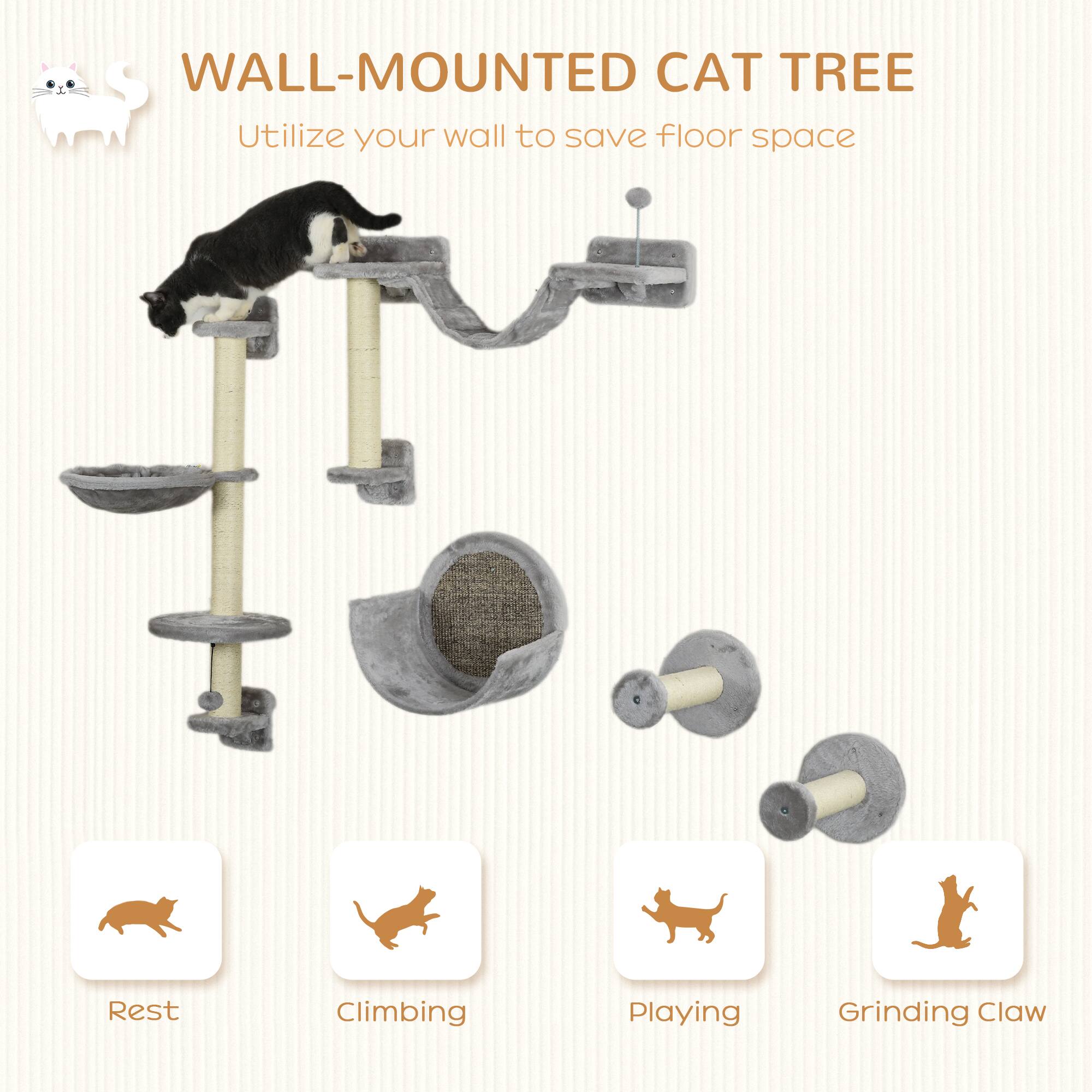 Back. Pawhut - 5 Piece Cat Wall Shelves, Wall Mounted with Hammock, Perches, Ladder, Scratching Posts, for Climbing and Relaxing - Gray.