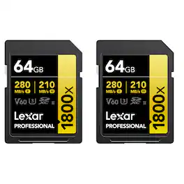 Lexar - GOLD Series Professional 1800x UHS-II SDXC Memory - 64GB, 2-Pack Card