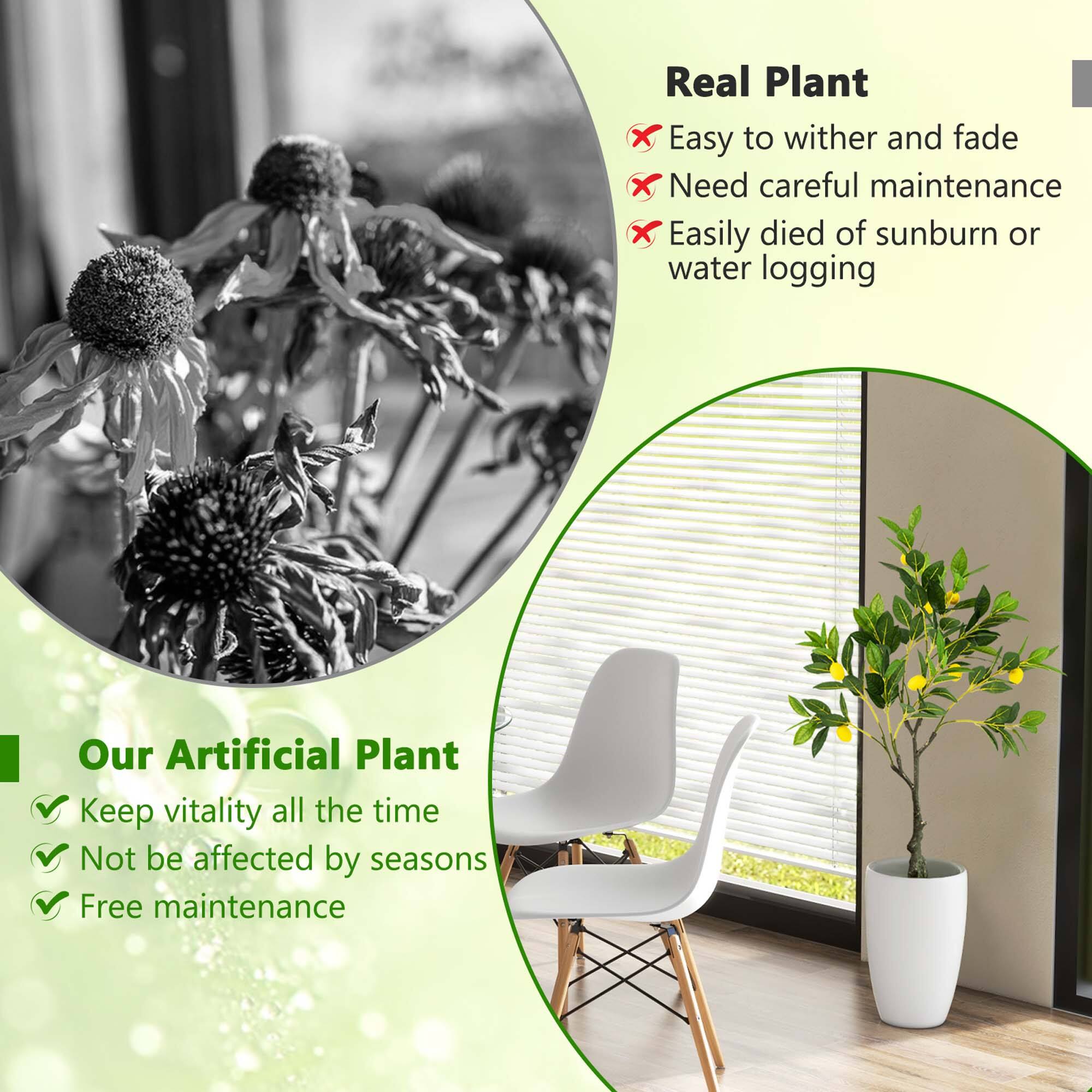 Real Plant:
- Easy to wither and fade
- Need careful maintenance
- Easily died of sunburn or water logging

Our Artificial Plant:
- Keep vitality all the time
- Not be affected by seasons
- Free maintenance
