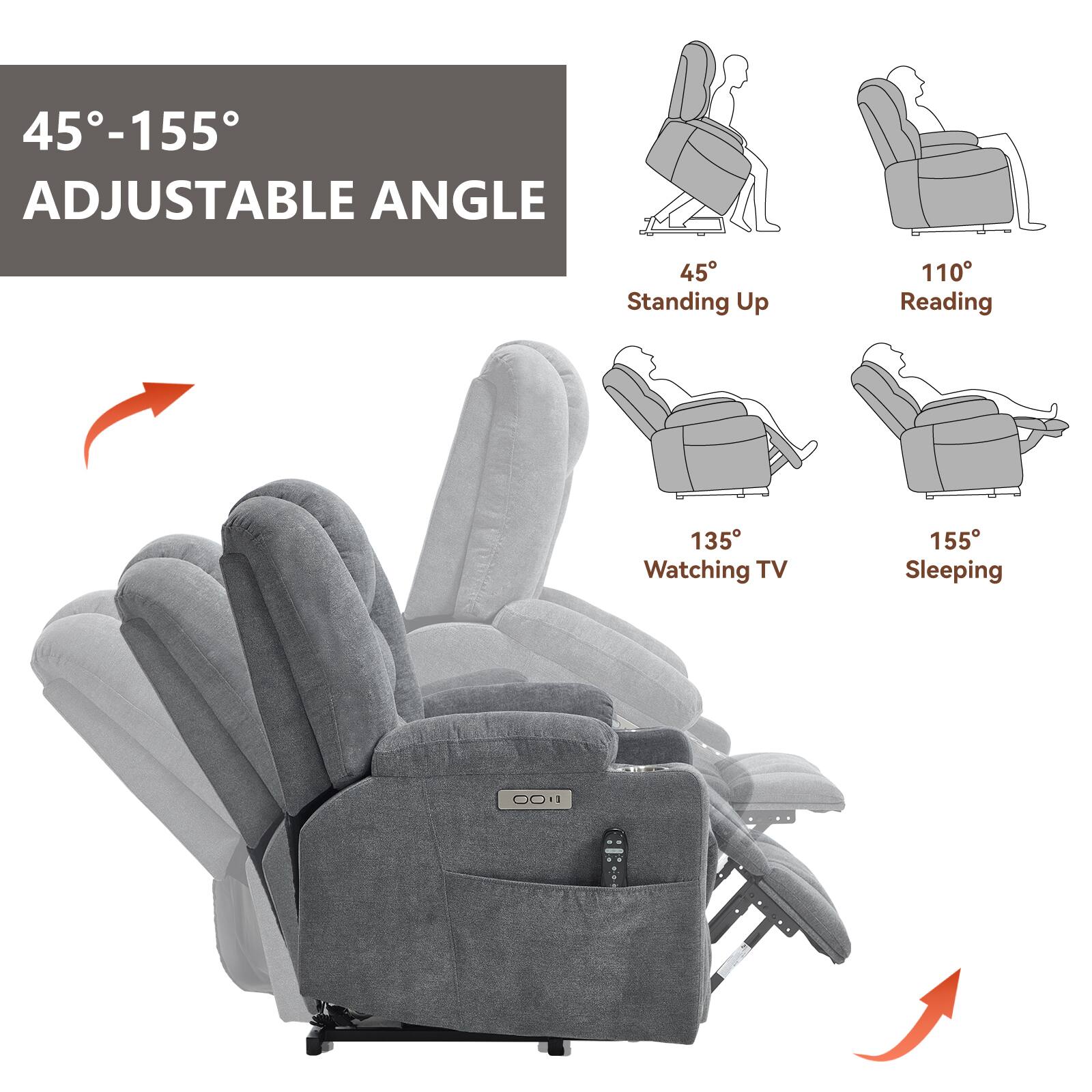 45°-155° ADJUSTABLE ANGLE

45° Standing Up  
110° Reading  
135° Watching TV  
155° Sleeping