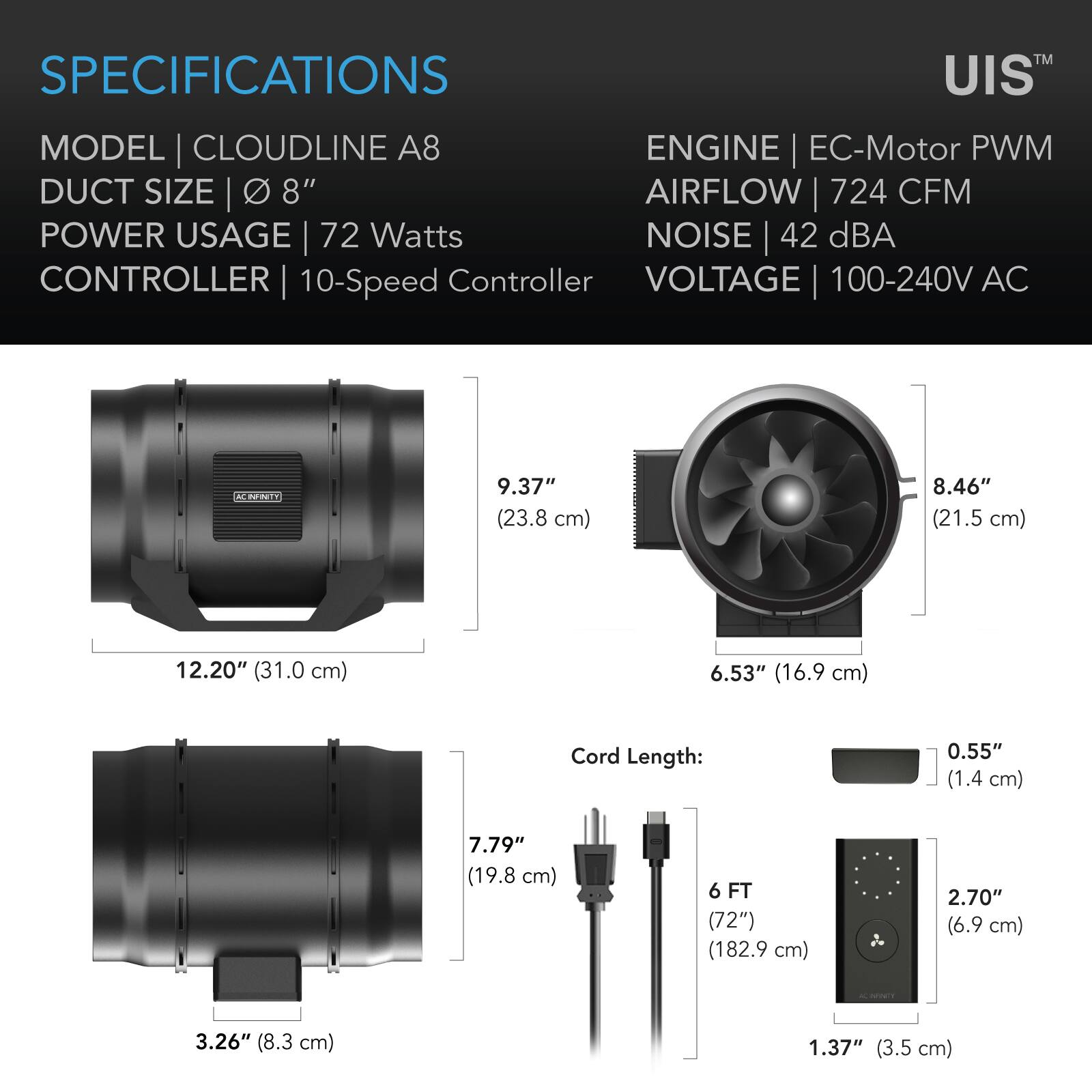 SPECIFICATIONS  
MODEL | CLOUDLINE A8  
DUCT SIZE | 8"  
POWER USAGE | 72 Watts  
CONTROLLER | 10-Speed Controller  
ENGINE | EC-Motor PWM  
AIRFLOW | 724 CFM  
NOISE | 42 dBA  
VOLTAGE | 100-240V AC  

CINFINITY  
9.37" (23.8 cm)  
8.46" (21.5 cm)  
12.20" (31.0 cm)  
6.53" (16.9 cm)  
Cord Length:  
7.79" (19.8 cm)  
6 FT (72") (182.9 cm)  
2.70" (6.9 cm)  
0.55" (1.4 cm)  
3.26" (8.3 cm)  
1.37" (3.5 cm)