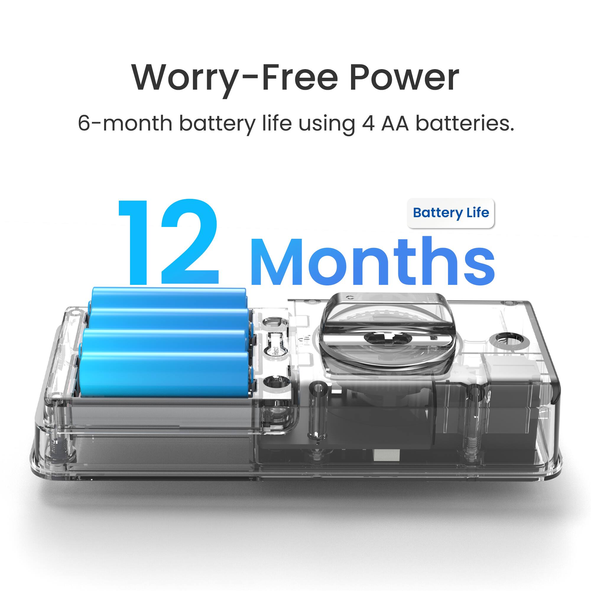 Worry-Free Power: 6-month battery life using 4 AA batteries. Battery Life: 12 Months.