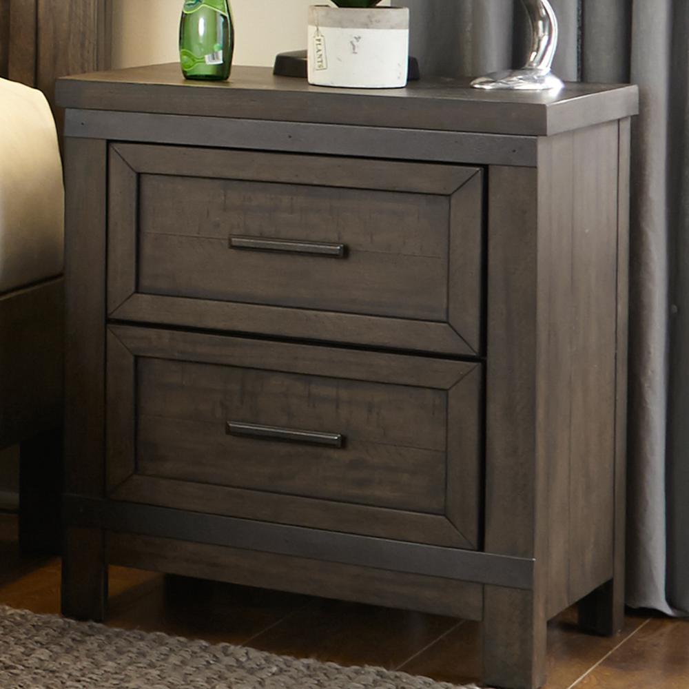 Left. Liberty Furniture Industries - Thornwood Hills 2 Drawer Night Stand in Rock Beaten Brown w/ Saw Cuts - Brown.