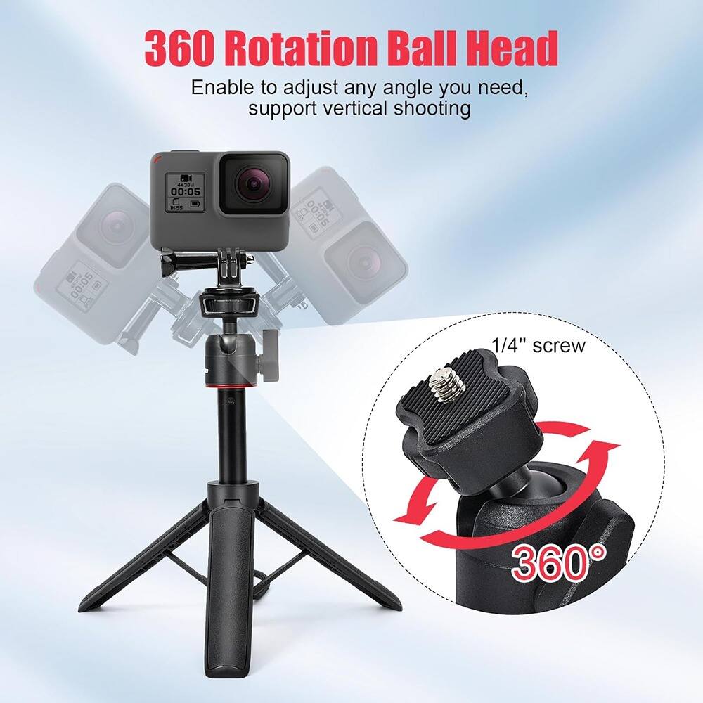360 Rotation Ball Head  
Enable to adjust any angle you need, support vertical shooting  

1/4" screw  
360°