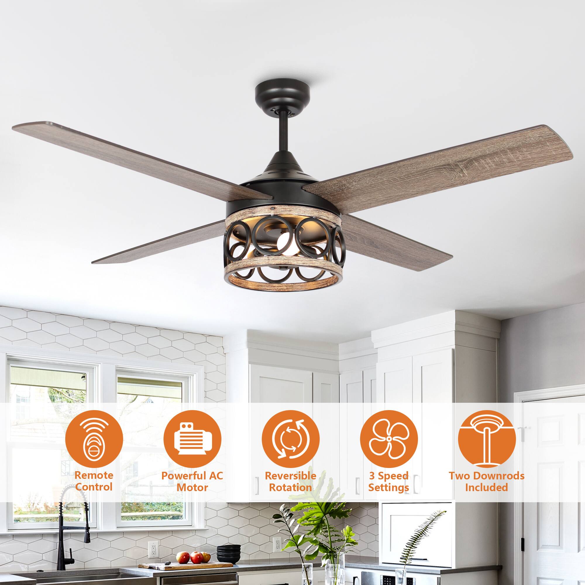 - Remote Control
- Powerful AC Motor
- Reversible Rotation
- 3 Speed Settings
- Two Downrods Included