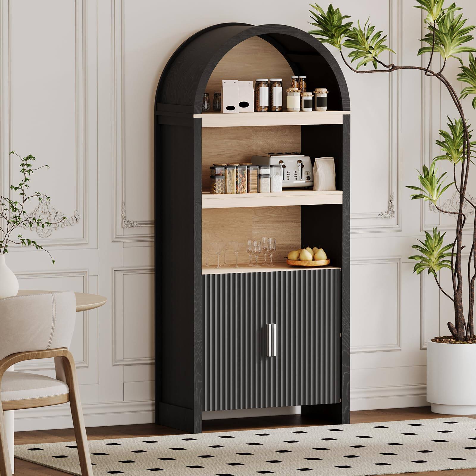 Alt View 4. Jojoka - 71" Tall Arched Bookcase, 5-Tier Wooden Bookshelf with Doors & Adjustable Storage Shelves - Black.