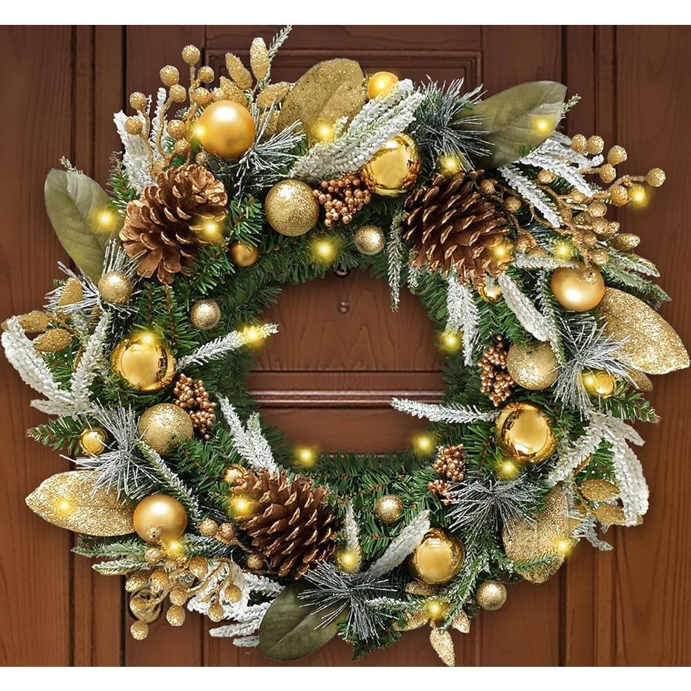 Left. Schertz - Pre-Lit Christmas Wreath w/ 30 LED Lights, Battery Operated, Outdoor - Wreaths-gold.