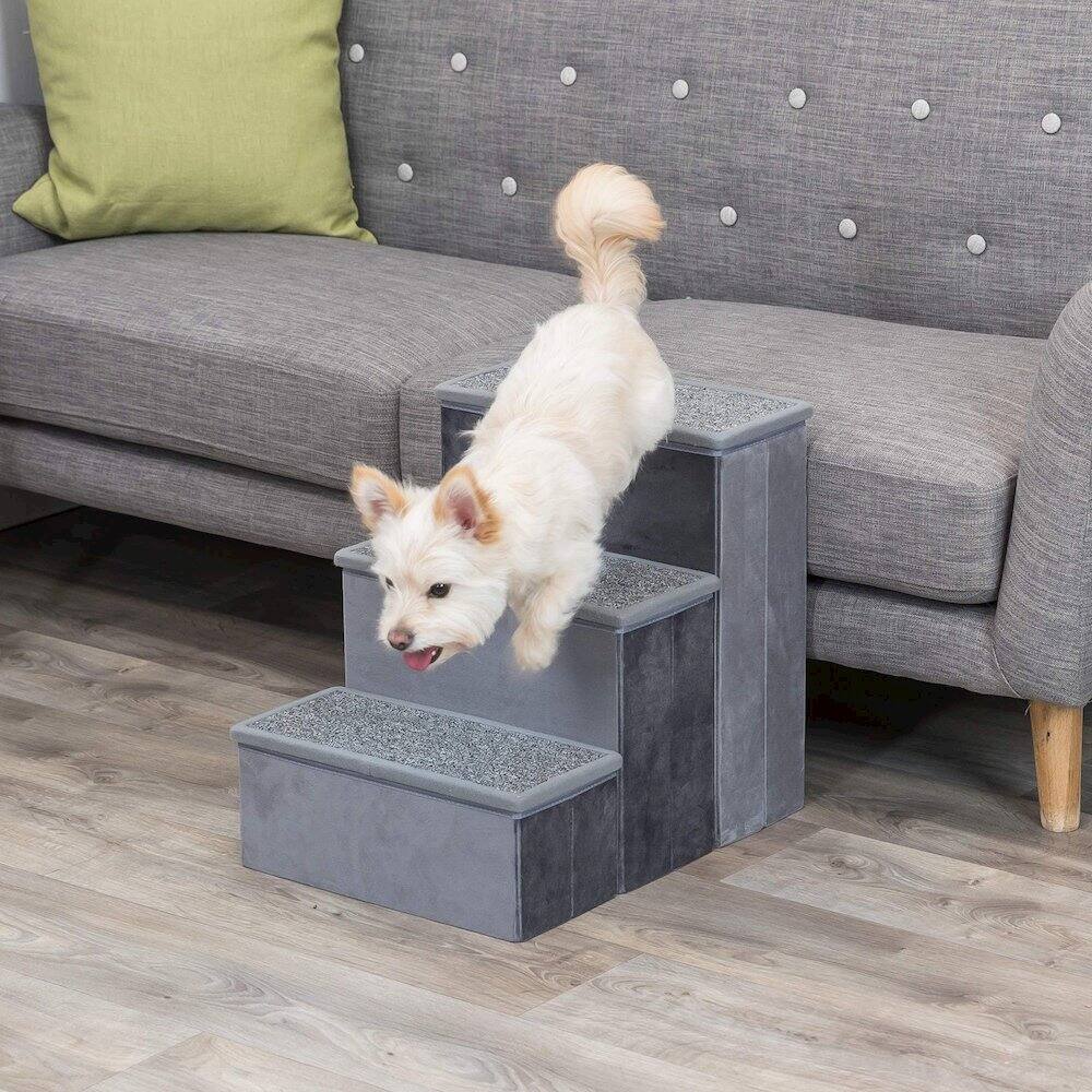 Angle. TRIXIE - 3-Step Foldable Velour Pet Stairs with Storage, Gray - Gray.