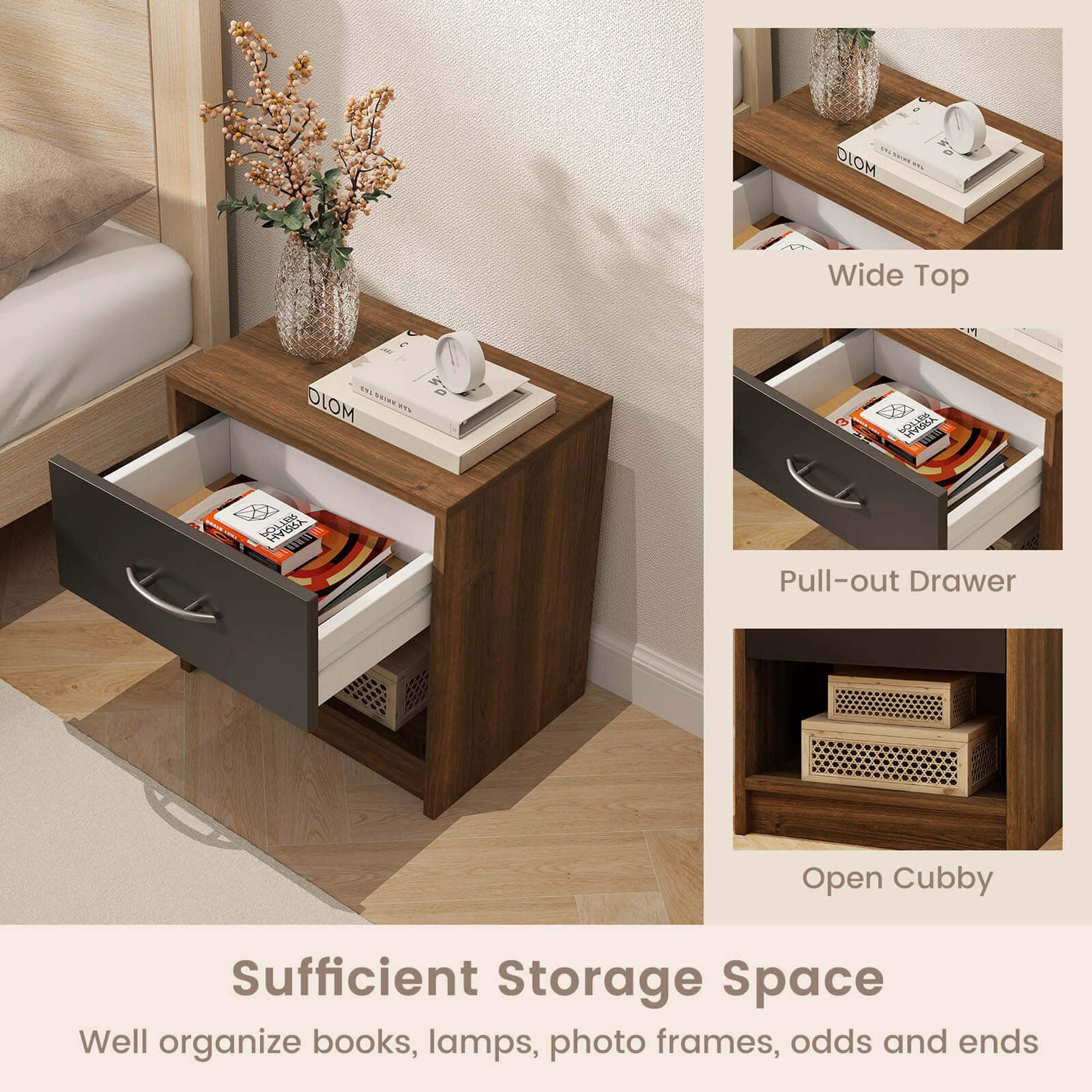 Sufficient Storage Space: Well organize books, lamps, photo frames, odds and ends.