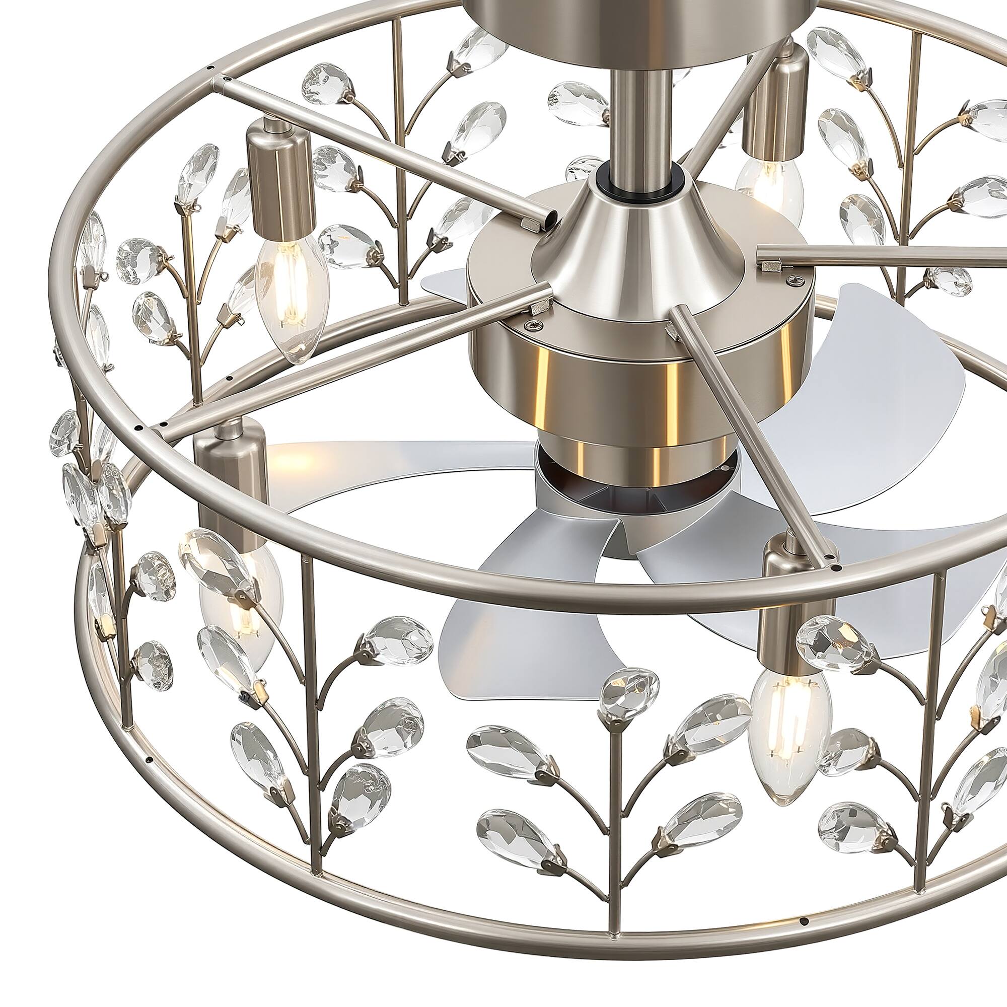 Alt View 10. Breezary - 20-Inch Cage Ceiling Fan with 5-Light Fixture, Crystal Accents, 5 ABS Blades, DC Motor, 6 Speeds and Remote Control - Satin Nickel and Silver.