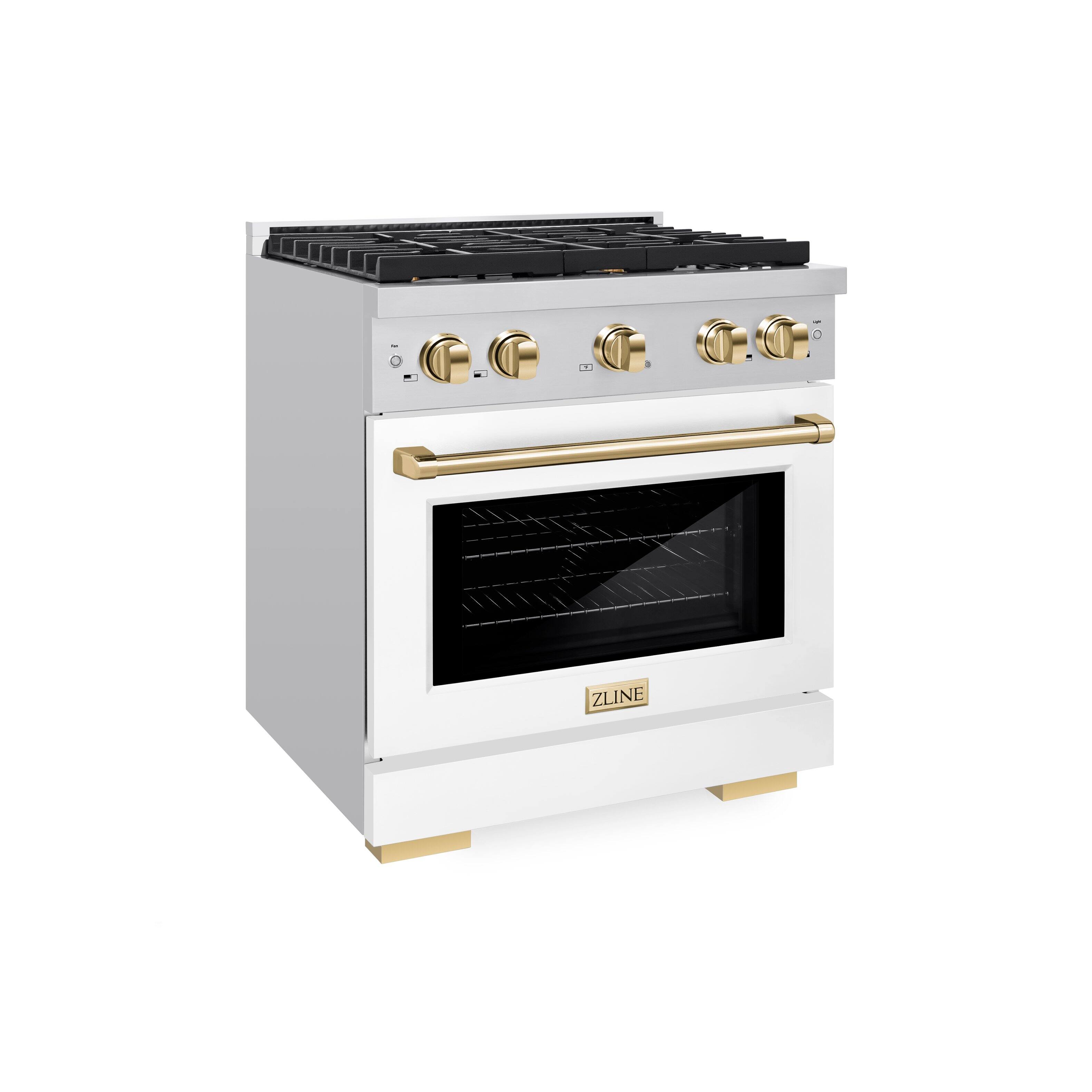 Left. ZLINE - ZLINE Autograph 30" Paramount Dual Fuel Range with Gold Accents (SDRZ-WM-30-G) - White.