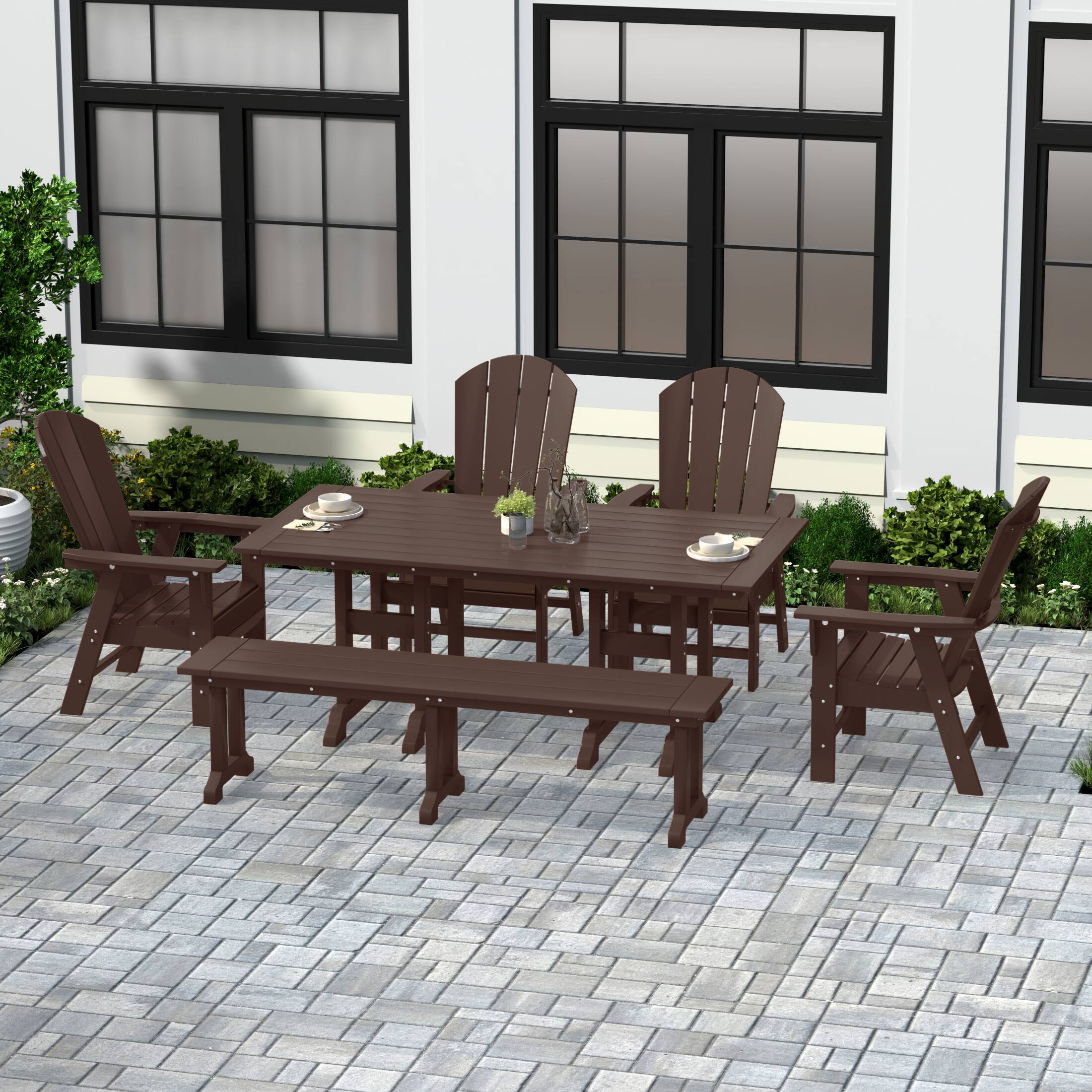 Angle. WestinTrends - WestinTrends Malibu 6 Piece Outdoor Patio Dining Table and Armchair Dining Bench Set - Dark Brown.