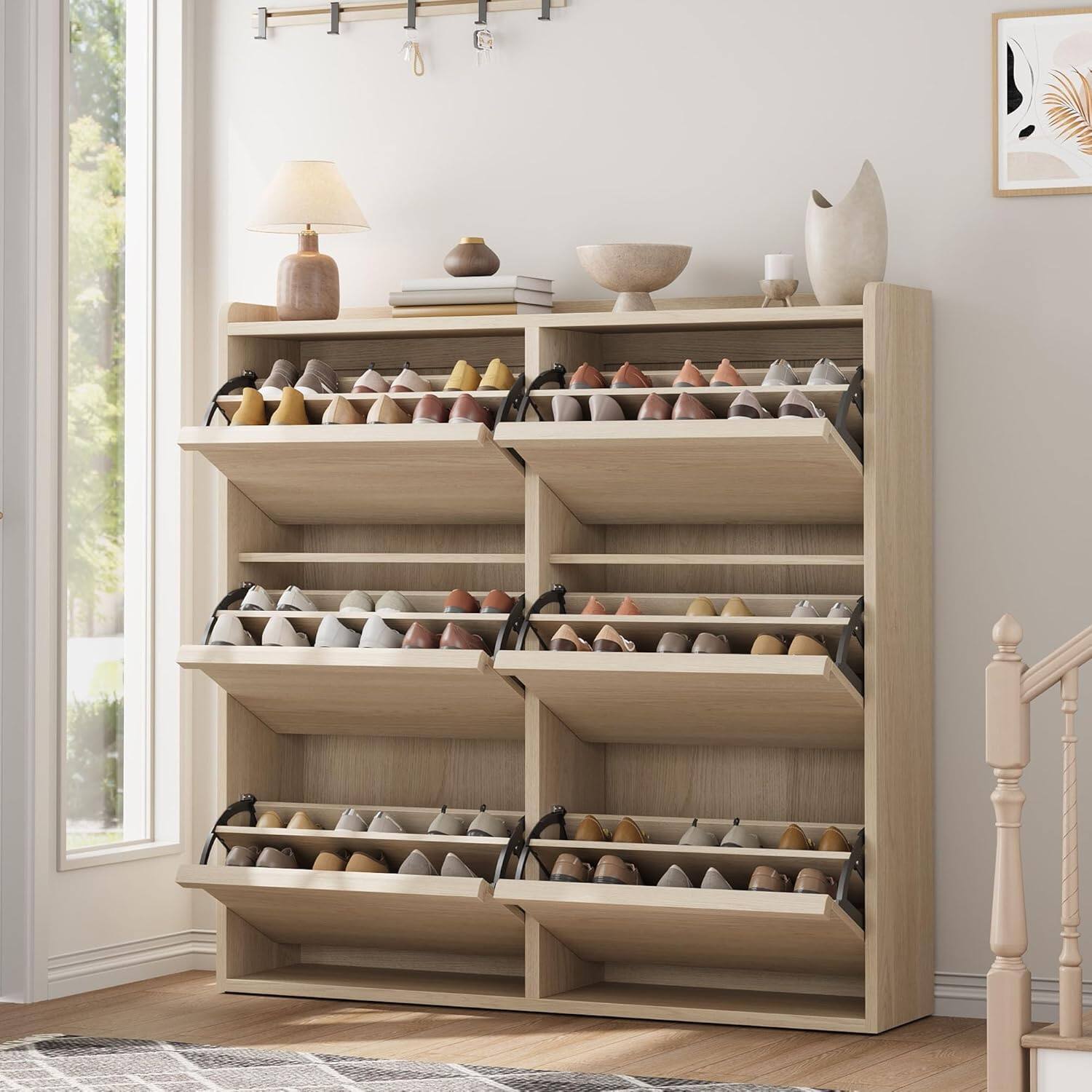 Front. Homhougo - Wooden Shoe Cabinet with 6 Flip Drawers – Adjustable Shelf Shoe Organizer, Hidden Freestanding Shoe Storage - Natural.