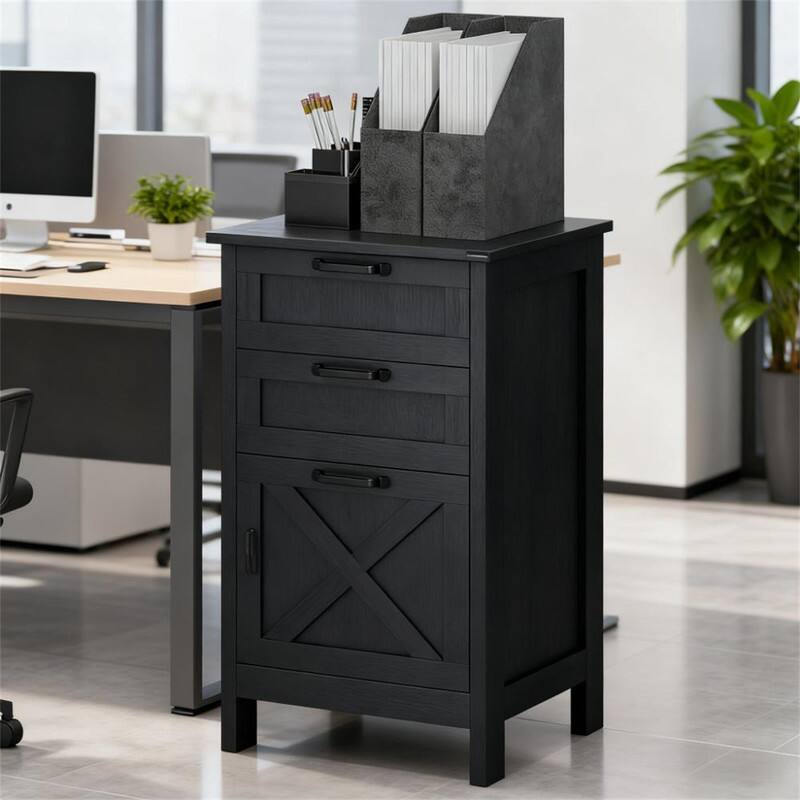 Alt View 6. HTUTWOO - File Cabinet with 3 Drawers - Farmhouse Office Storage Cabinet, Vertical Filing Organizer, Metal Frame with Wood Finish - Black.