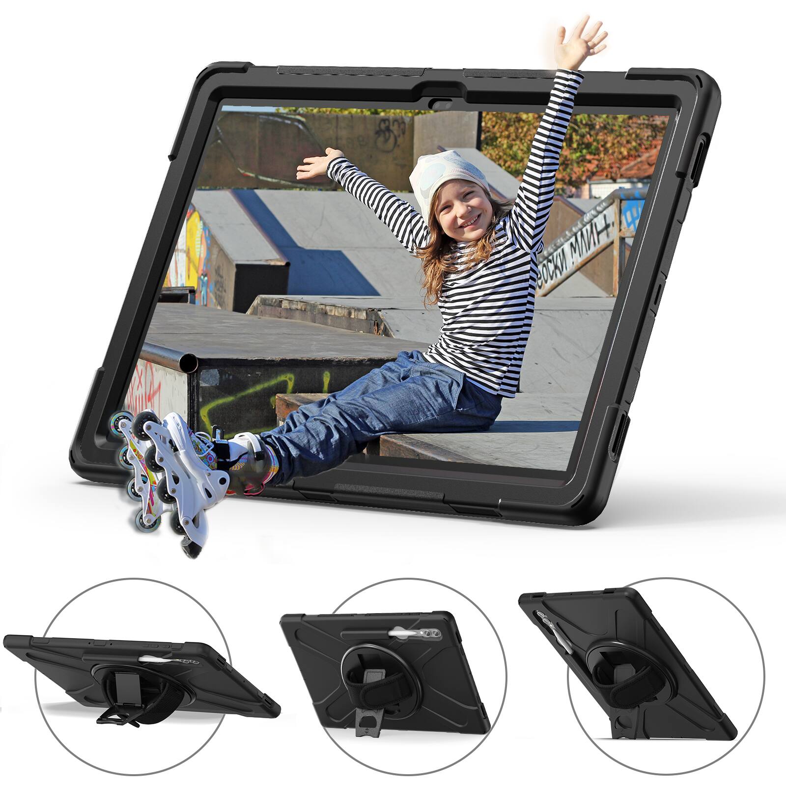 Alt View 2. Dteck - Full-Body Case for Samsung Galaxy Tab S9 Ultra with Shoulder Strap, Shockproof Heavy Duty Cover, Multi-Angle Kickstand - Black.