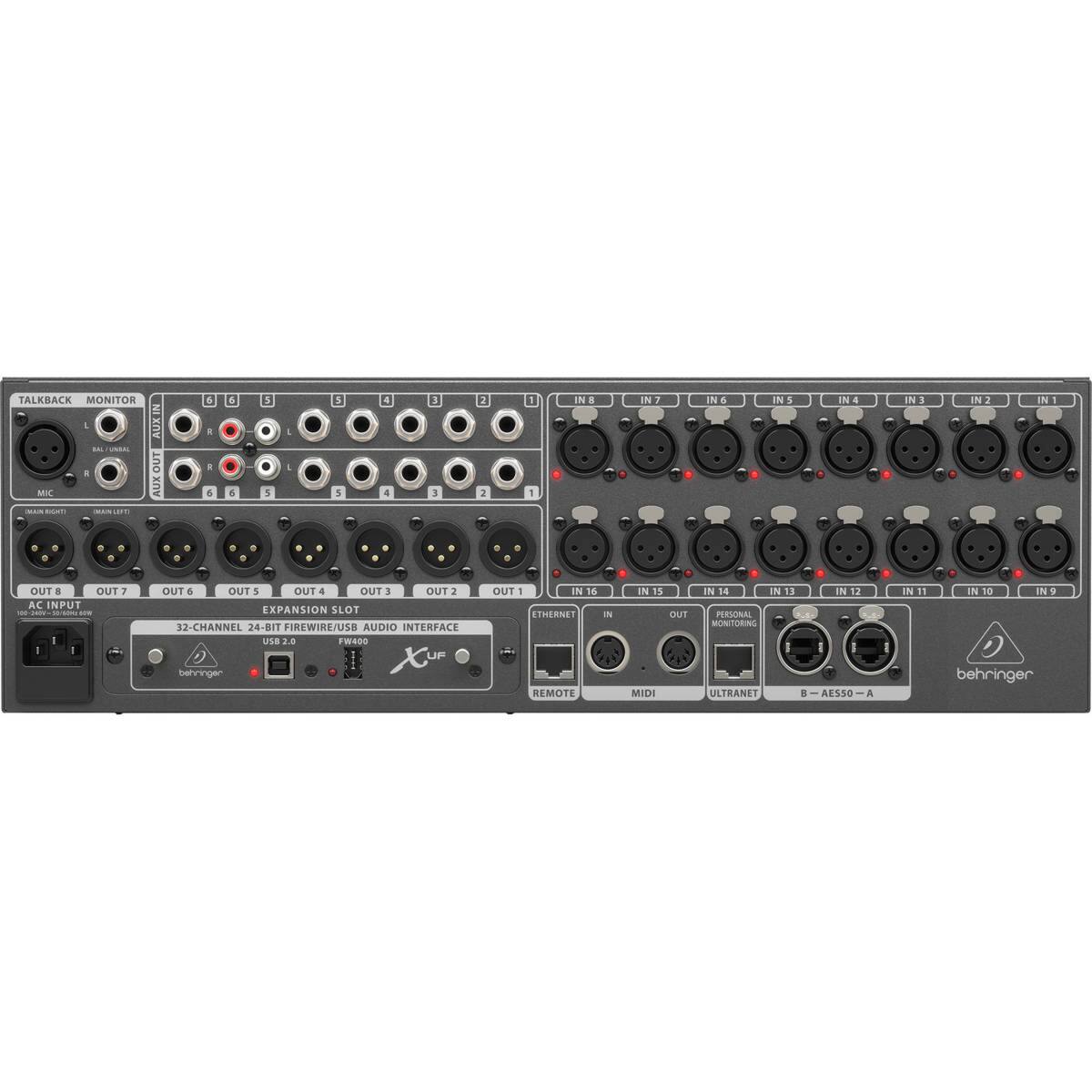 TALKBACK MONITOR  
AUX IN M - OUT MI AUX - - - 1 4 . a 4 & 5 5 5 1 . 1 5 a 4 3 E 2 2 I 1 IN + IN7 IN& IN 1 IN& IN3 IN 2 IN 1 OUT a OUT 7 AC INPUT  OUT E OUT 5 OUT 4 OUT 3 OUT 2 EXPANSION SLOT  
32-CHANNEL 24-BIT FIREWIRE/USB AUDIO INTERFACE U18 2 FWAsO  
Xur UF behringer OUT 1 IN 16 THERSET - REMOTE IN 15 D MIDI IN 14 IN 13 PERSONAL ONTIEN ULTRANET IN Lt AESSO a IN 11 N 10 IN 9 behringer