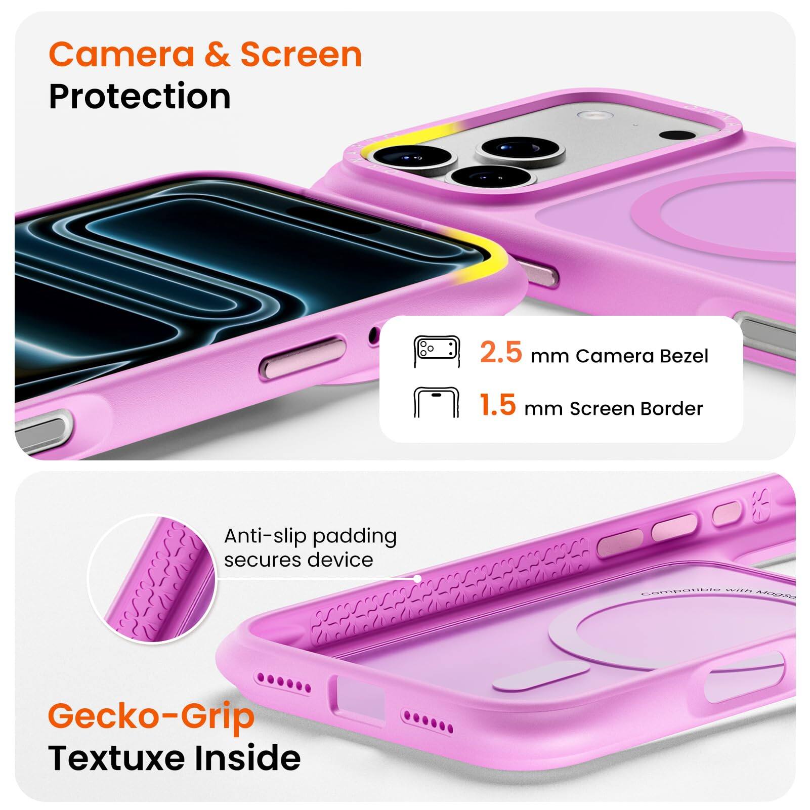 Camera & Screen Protection

2.5 mm Camera Bezel  
1.5 mm Screen Border

Anti-slip padding secures device

Gecko-Grip Textuxe Inside