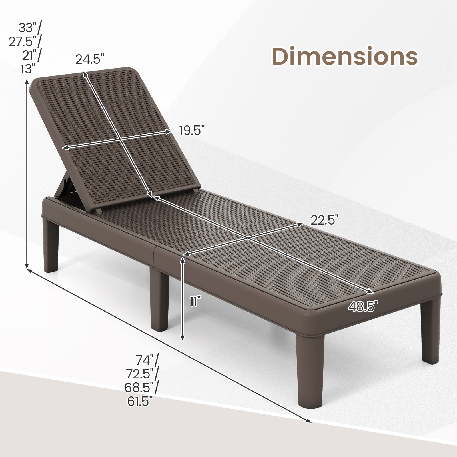 33" / 27.5" / 21" / 13"  
24.5"  
19.5"  
22.5"  
11"  
48.5"  
74" / 72.5" / 68.5" / 61.5"