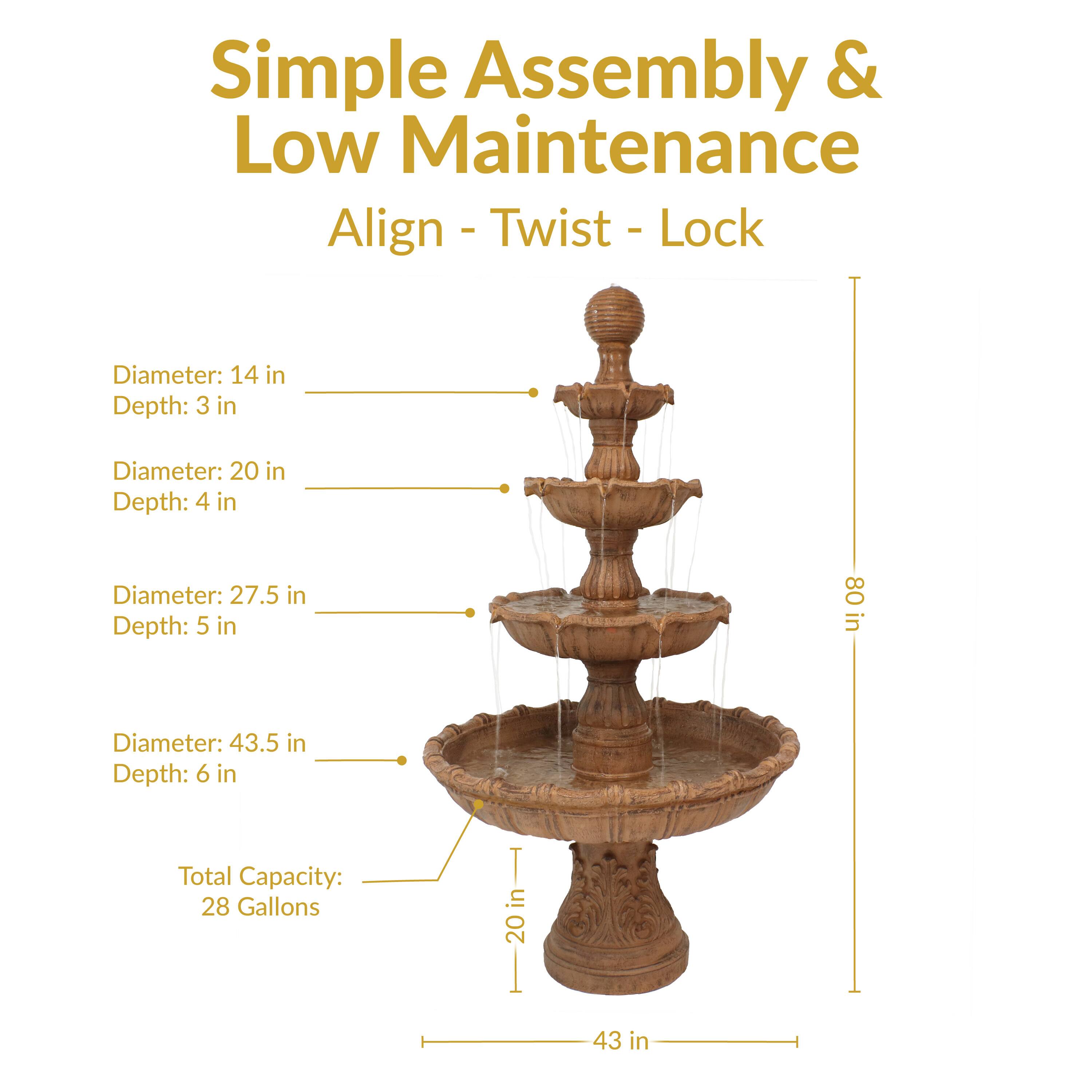 Simple Assembly & Low Maintenance  
Align - Twist - Lock  

Diameter: 14 in  
Depth: 3 in  

Diameter: 20 in  
Depth: 4 in  

Diameter: 27.5 in  
Depth: 5 in  

Diameter: 43.5 in  
Depth: 6 in  

Total Capacity: 28 Gallons  

Height: 80 in  
Width: 43 in