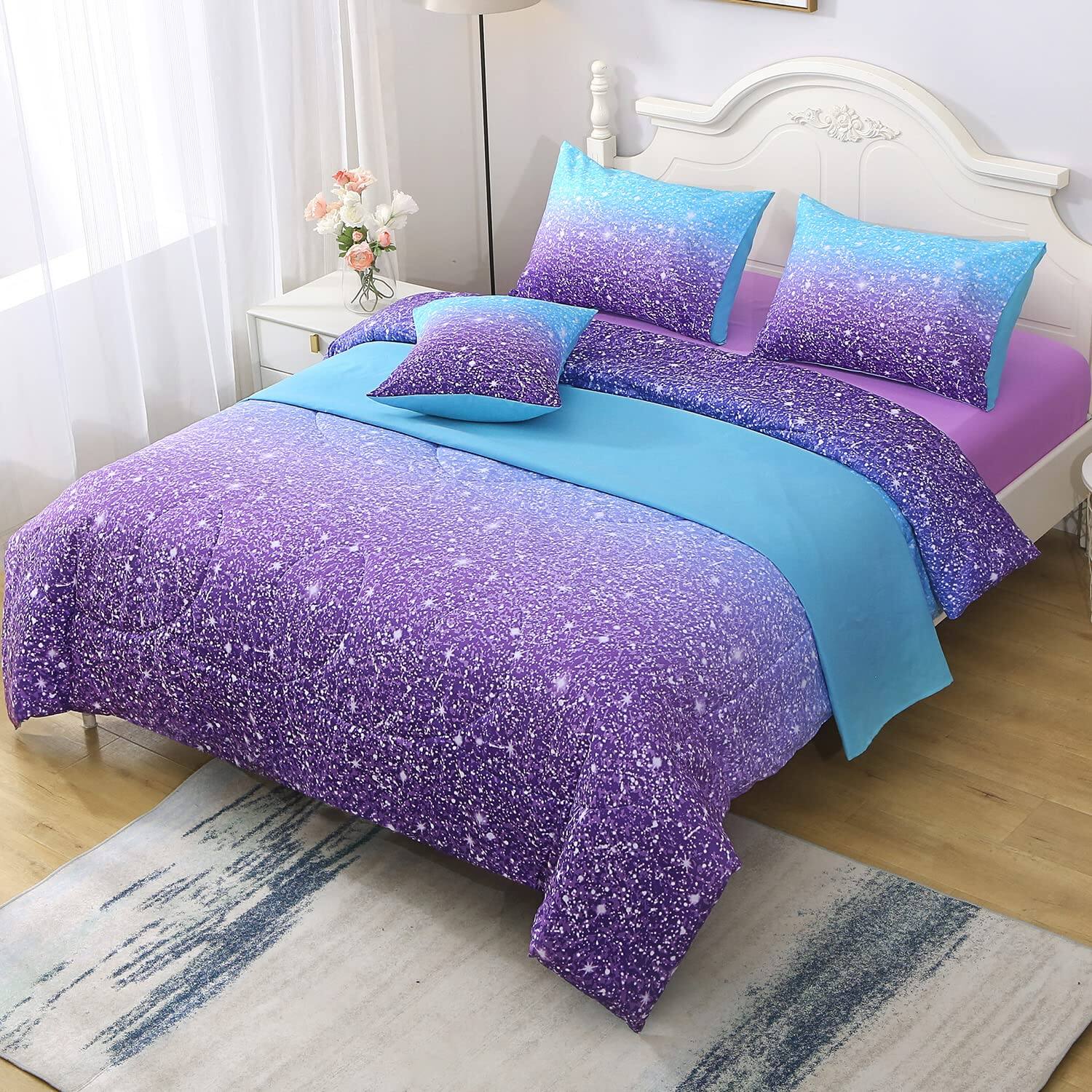 Alt View 4. NICHOLAS KLEIN - Glitter Comforter Set In A Bag 3d Ombre Bedding For Kids 1 2 Pillowcases 1 Flat Sheet Fitted Cushion Cover - Blue Constellation Twin(6 pc).