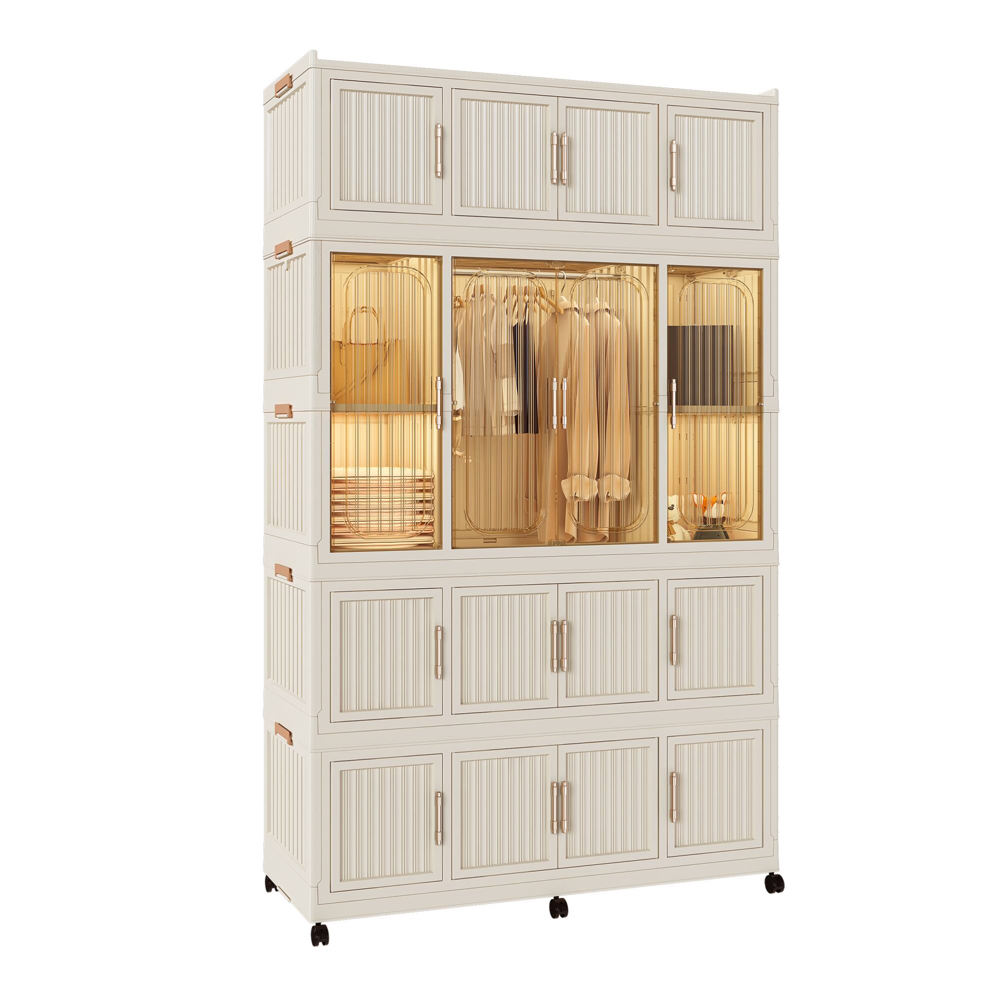 Alt View 2. GOODSILO - Portable Wardrobe Closet Storage Organizer with 17 Magnetic Doors, Multiple Cubes and Hanging Rod for Home Organization - Cream White.