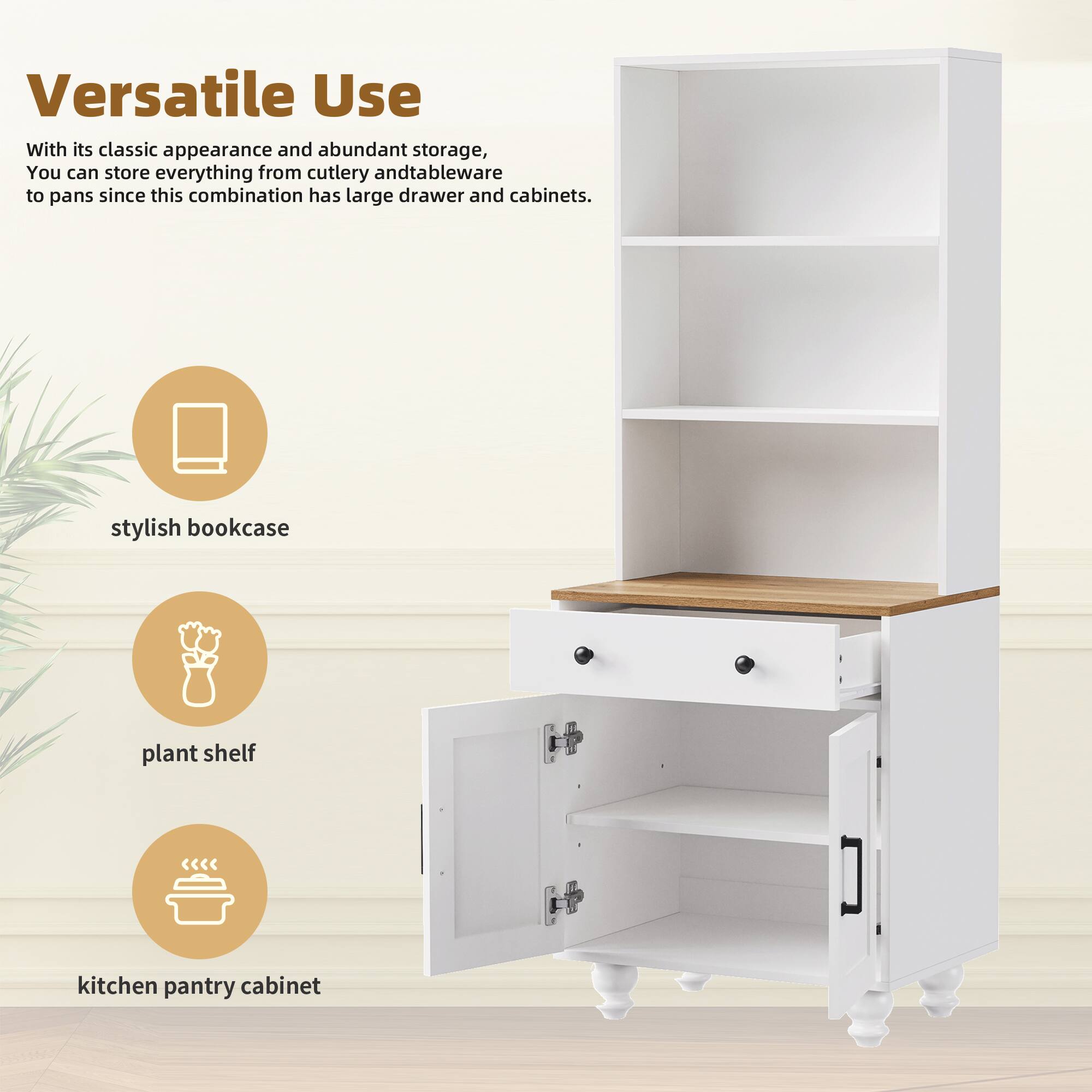 Versatile Use

With its classic appearance and abundant storage, you can store everything from cutlery and tableware to pans since this combination has large drawers and cabinets.

- stylish bookcase
- plant shelf
- kitchen pantry cabinet