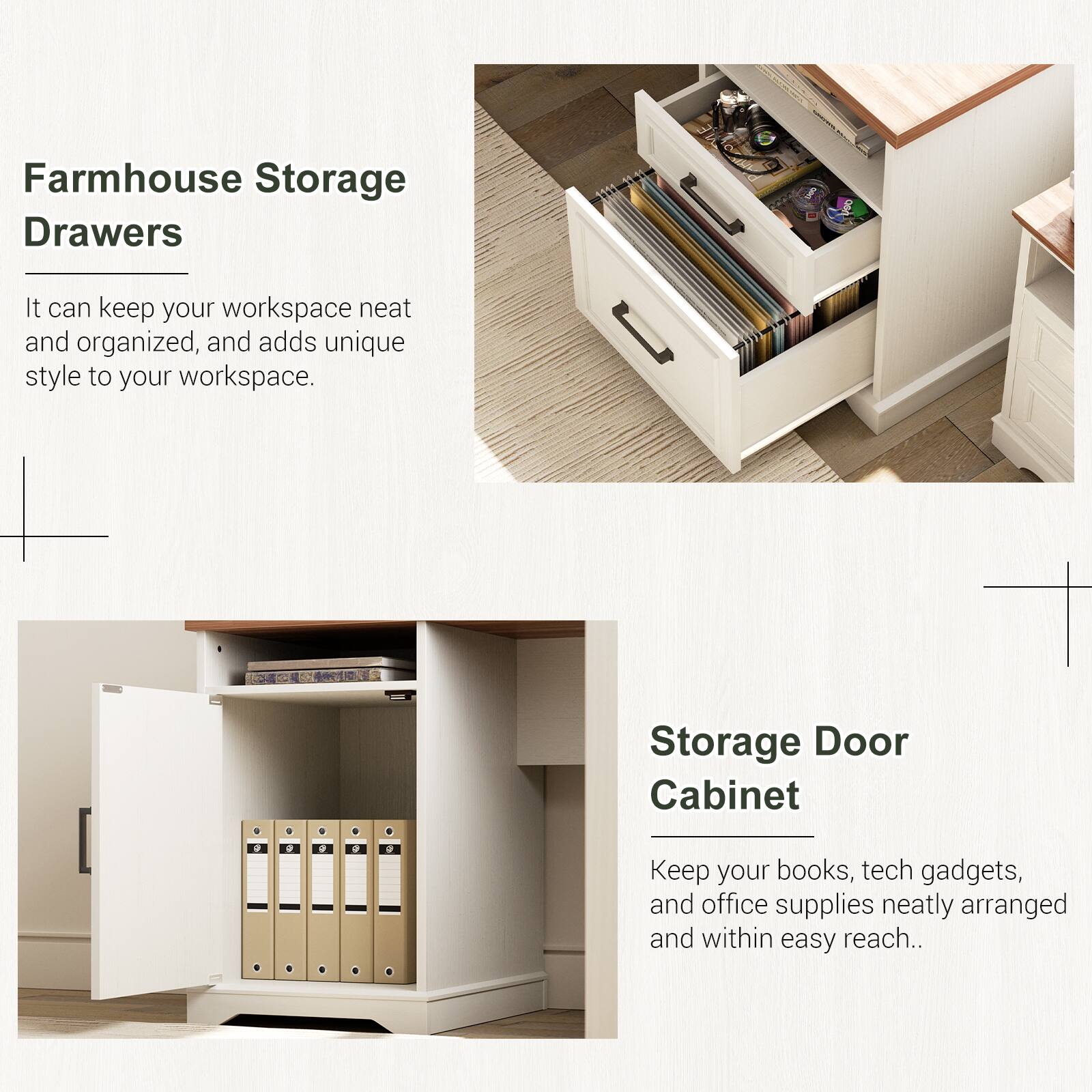 Farmhouse Storage Drawers  
It can keep your workspace neat and organized, and adds unique style to your workspace.

Storage Door Cabinet  
Keep your books, tech gadgets, and office supplies neatly arranged and within easy reach.