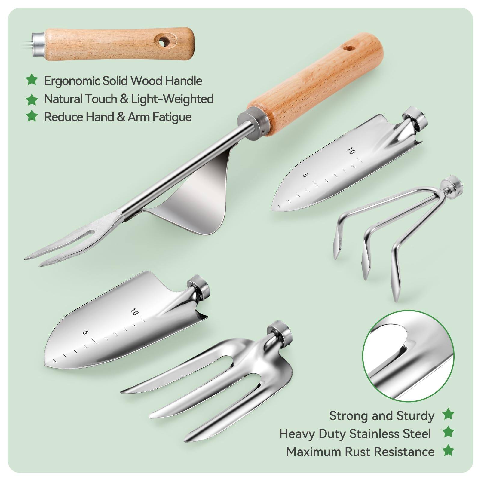 - Ergonomic Solid Wood Handle
- Natural Touch & Light-Weighted
- Reduce Hand & Arm Fatigue

- Strong and Sturdy
- Heavy Duty Stainless Steel
- Maximum Rust Resistance