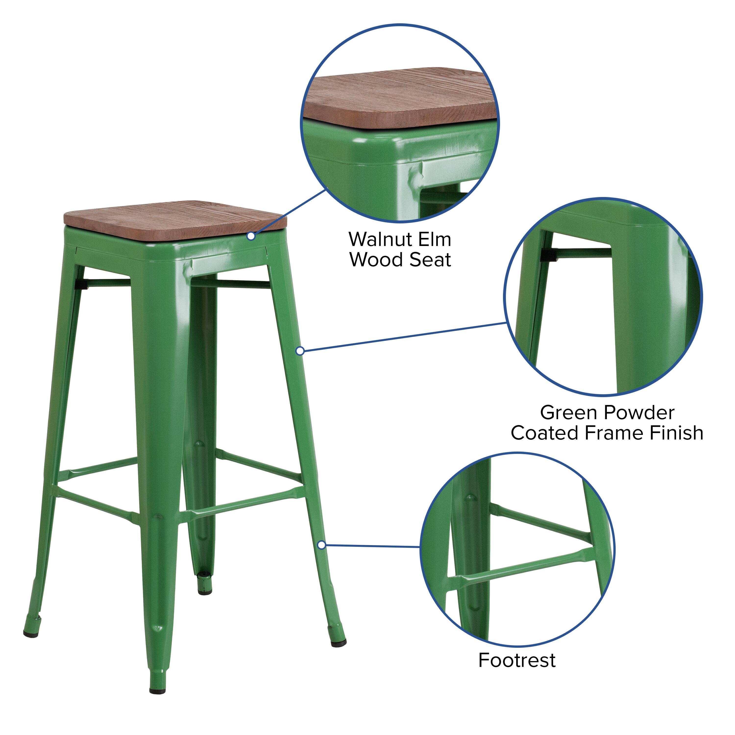Walnut Elm Wood Seat  
Green Powder Coated Frame Finish  
Footrest