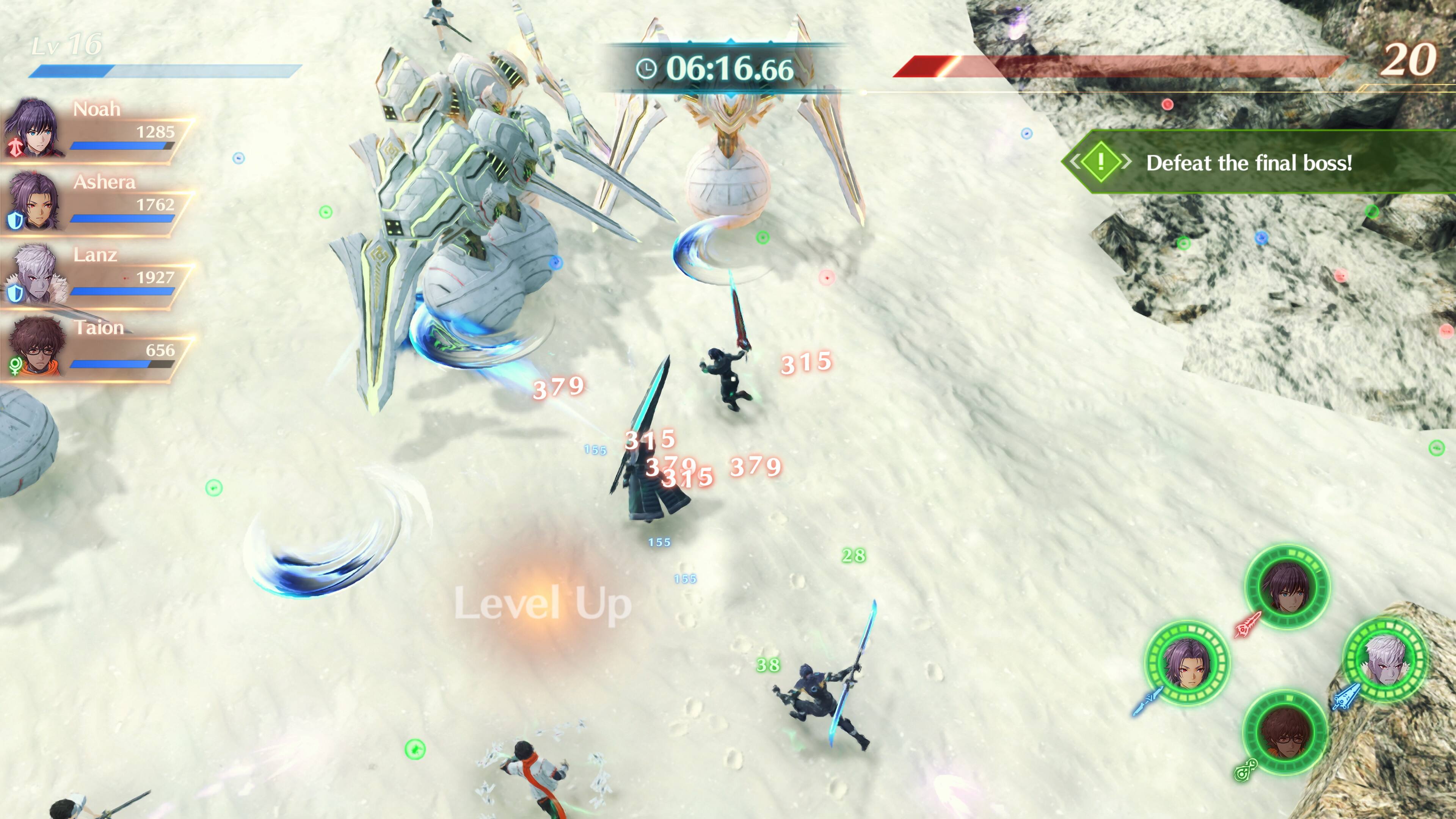 Lv 16 Noah 1285 Ashera 1762 06:16.66 ! 20 Defeat the final boss! Lanz 1927 Taion 656 379 315 055 315 379 315 379 155 156 Level Up 28