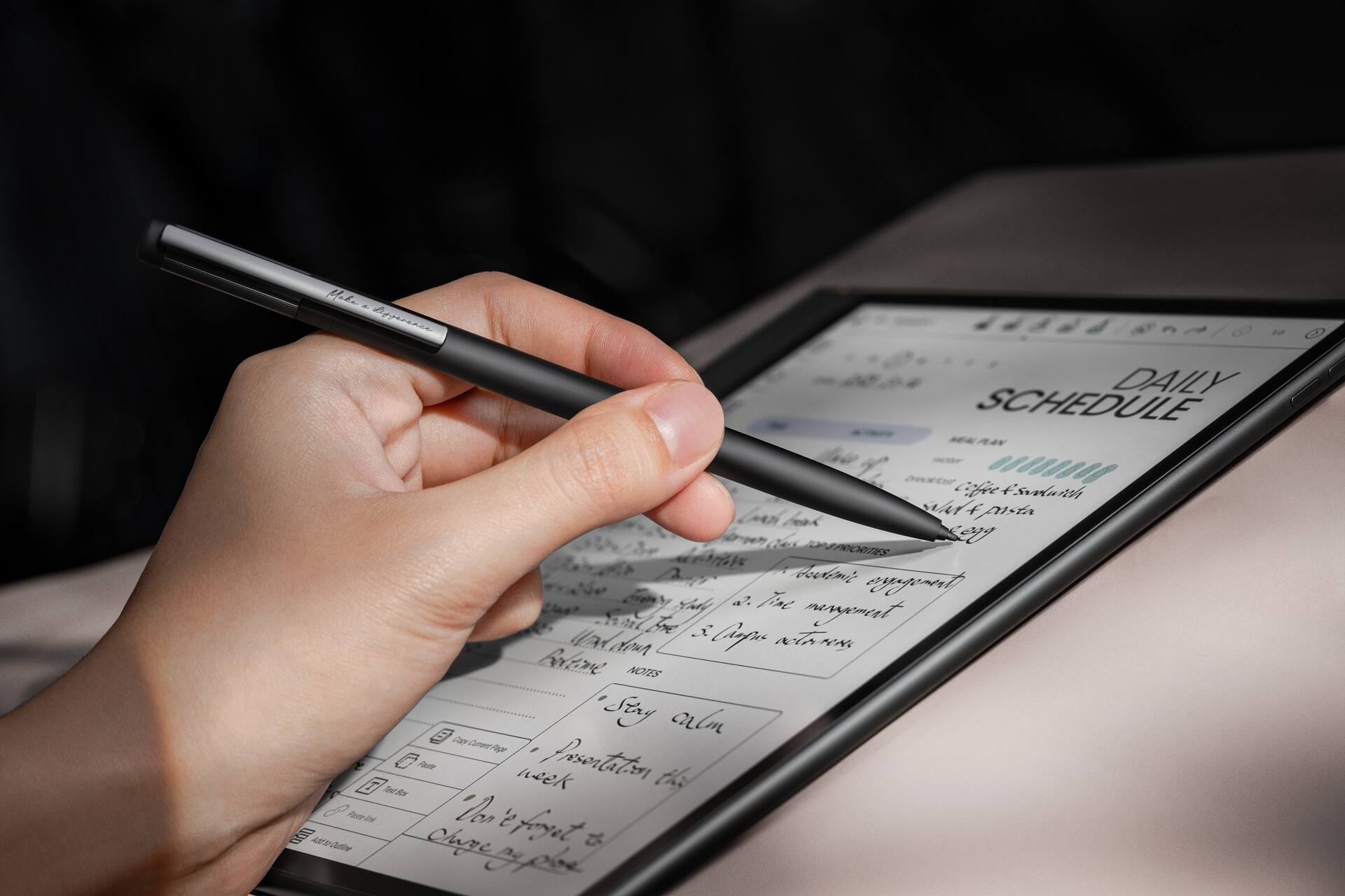 Sure, here is the corrected and grouped text from the image:

---

**DAILY SCHEDULE**

**Monday, January 15**

1. **Morning**
   - Coffee & Breakfast
   - Meeting with Team

2. **Afternoon**
   - Work on Project
   - Call with Client

3. **Evening**
   - Presentation for the week
   - Review notes

**NOTES**

- Stay calm
- Presentation this week
- Don't forget to check my email

---

**Make an impression**