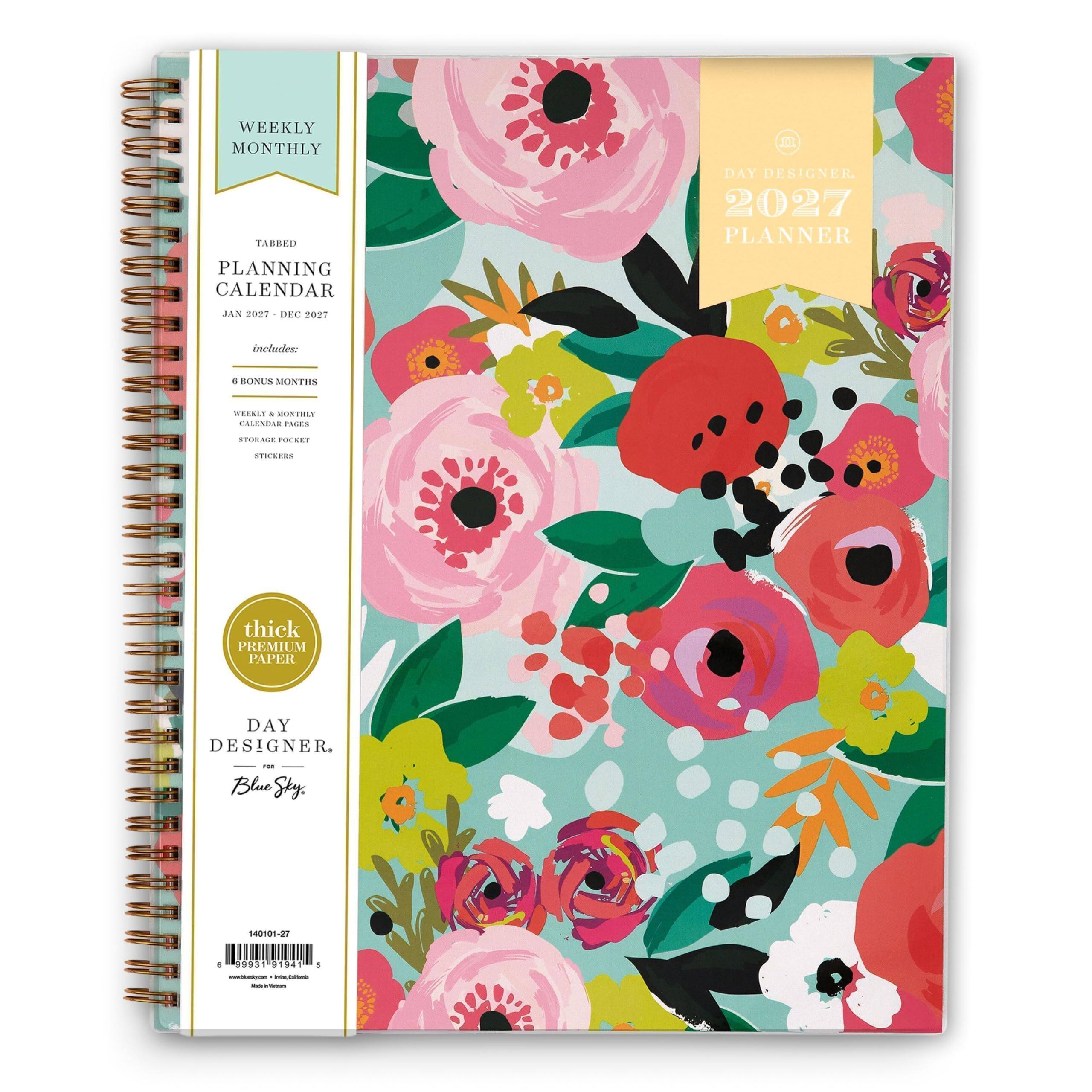 WEEKLY MONTHLY  
TABBED PLANNING CALENDAR  
JAN 2027 - DEC 2027  
includes:  
6 BONUS MONTHS  
WEEKLY & MONTHLY CALENDAR PAGES  
STORAGE POCKET  
STICKERS  
thick PREMIUM PAPER  
DAY DESIGNER  
FOR Blue Sky.  
140101-27  
0  
99931 9194  
5  
www.al-ain.com  
Intes_Callionic - www.sermark -