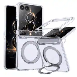 Dteck - Magnetic Case for Samsung Galaxy Z Flip8 with Aluminum Stand, Matte Shockproof Auto Spring Hinge Protective Cover - Clear