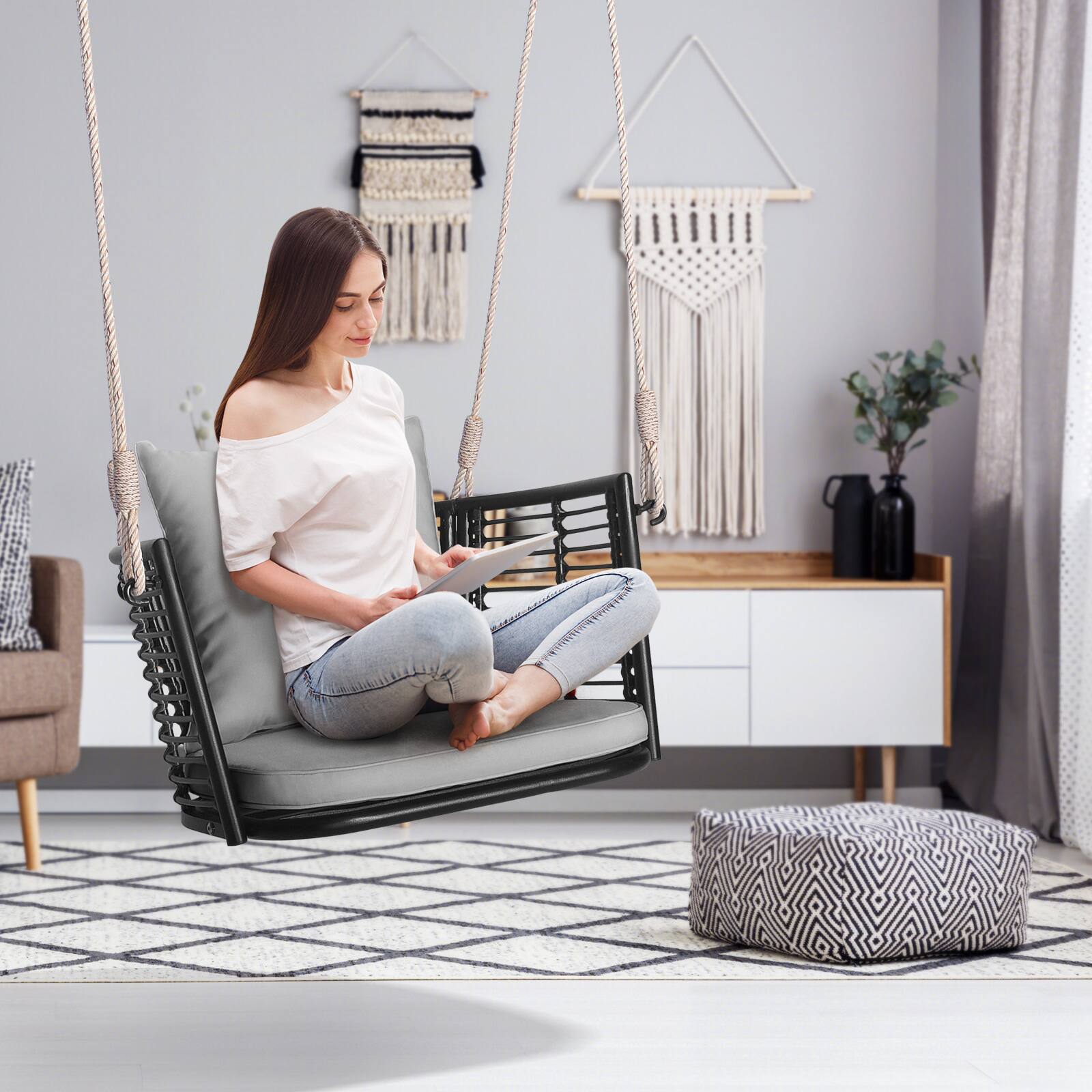 Alt View 3. Costway - Costway 2 PCS Patio Hanging Rattan Basket Chair Swing Hammock Chair with Seat Cushion - Mix Brown,Grey.